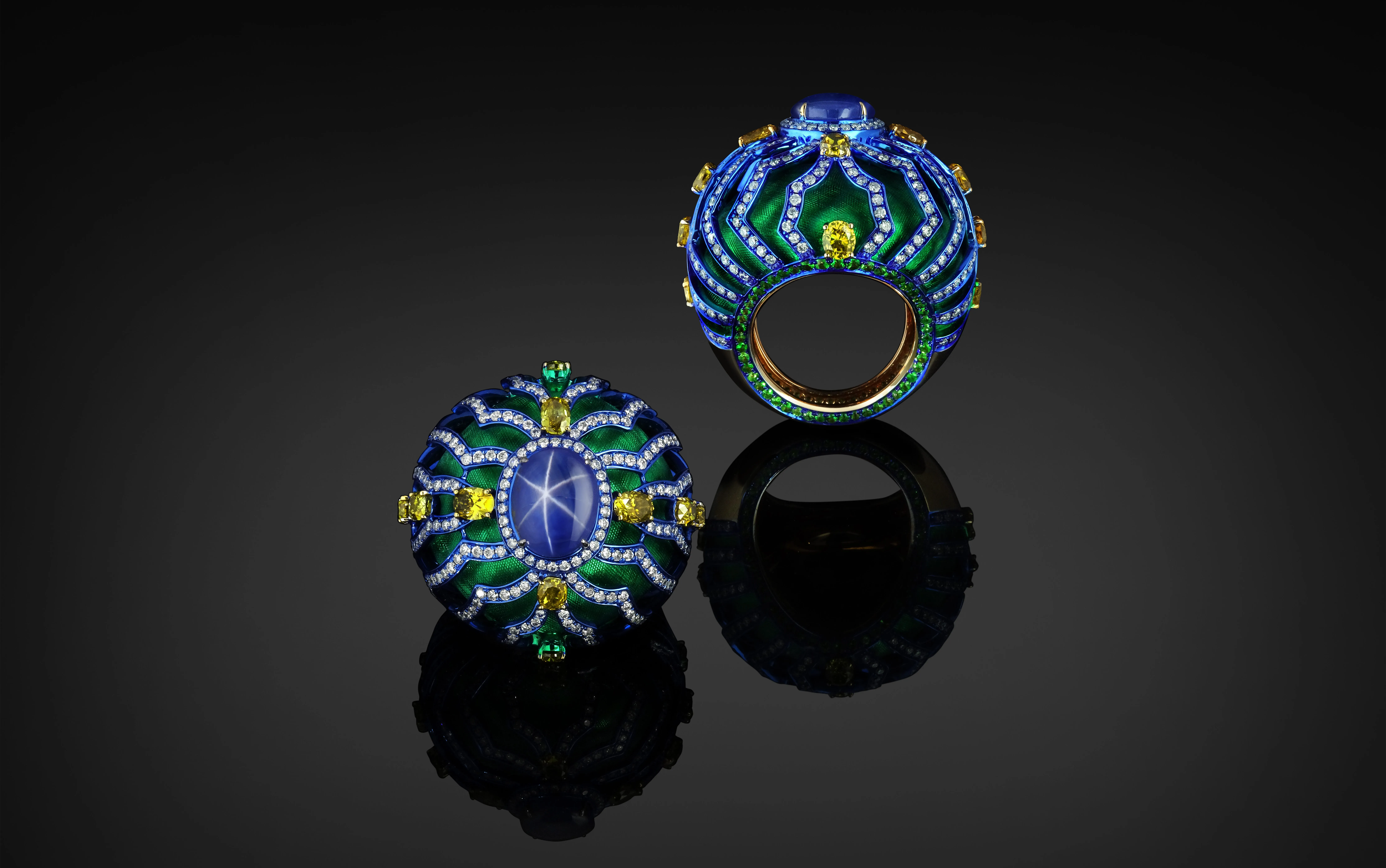 Austy Lee The Greenish-Blue Baroque Wool ring from The Psychedlic Light Collection with Burmese star sapphire, green enamel and diamonds