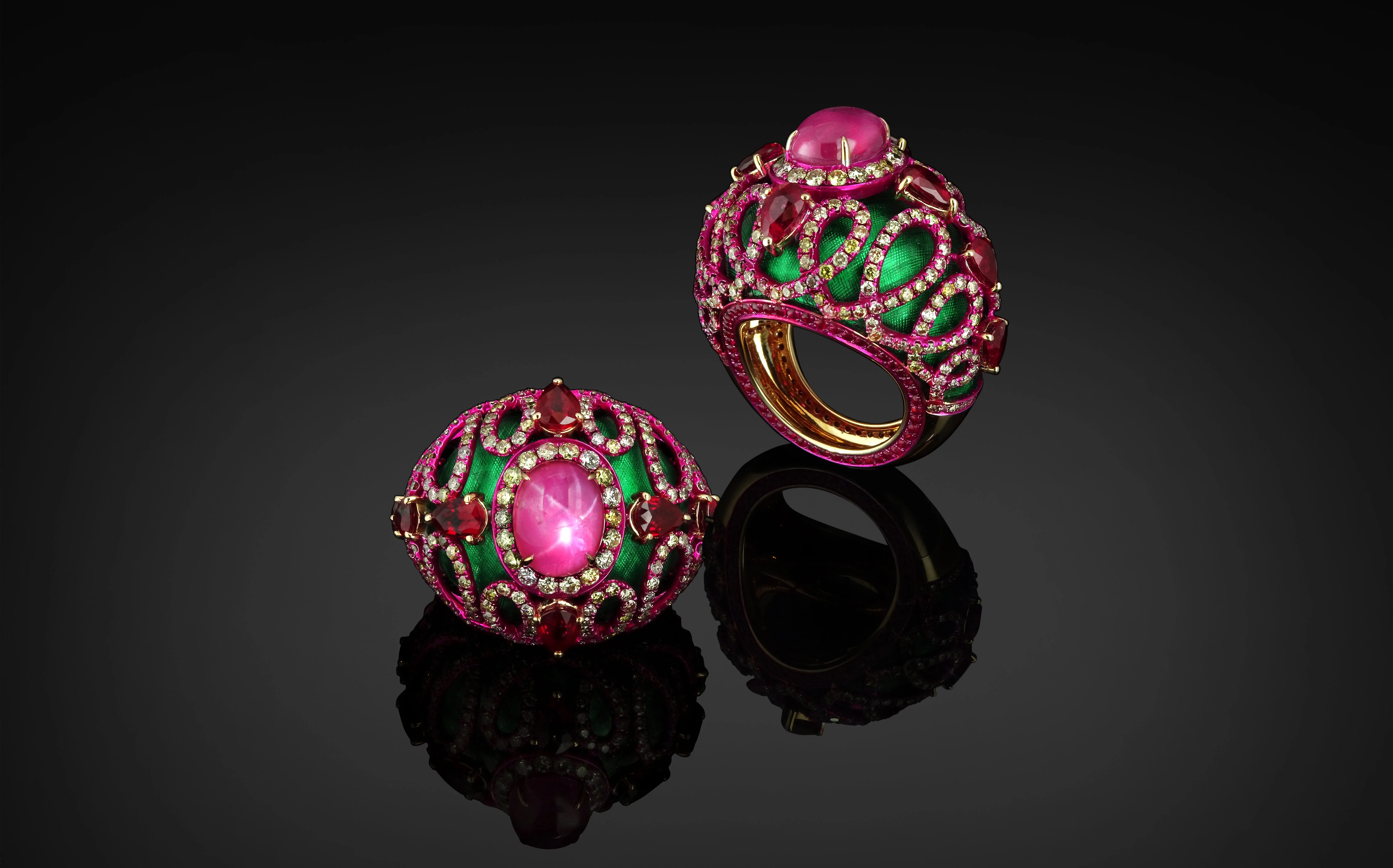 Austy Lee The Greenish-Pinky Baroque Wool ring from The Psychedlic Light Collection with Burmese star ruby, Mozambican pigeon’s blood rubies, and diamonds