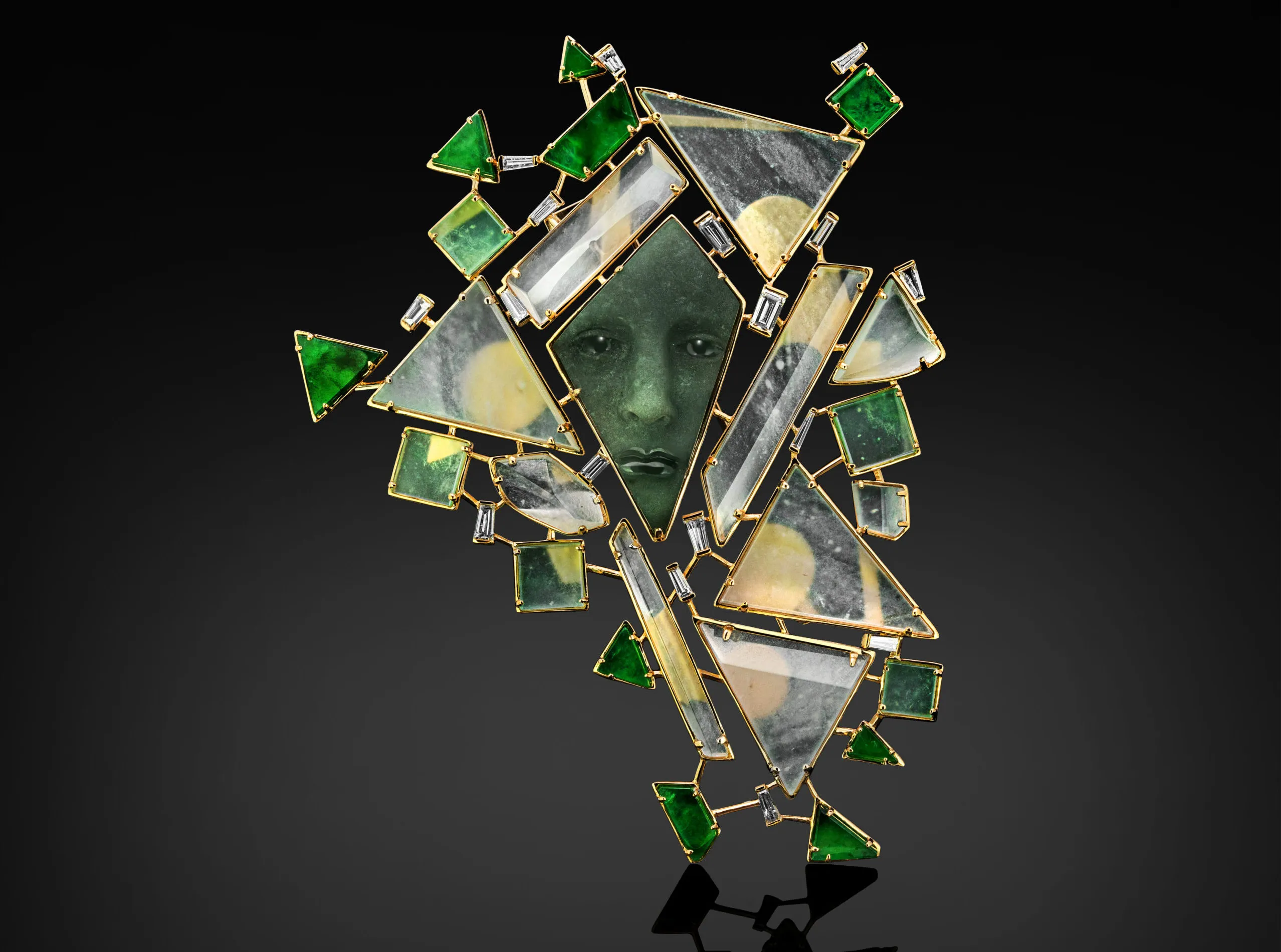 Austy Lee The Mirror Universe of Leinth brooch from The Fugitives Geometriae Collection with Burmese greyish green, green and white jades, and diamonds