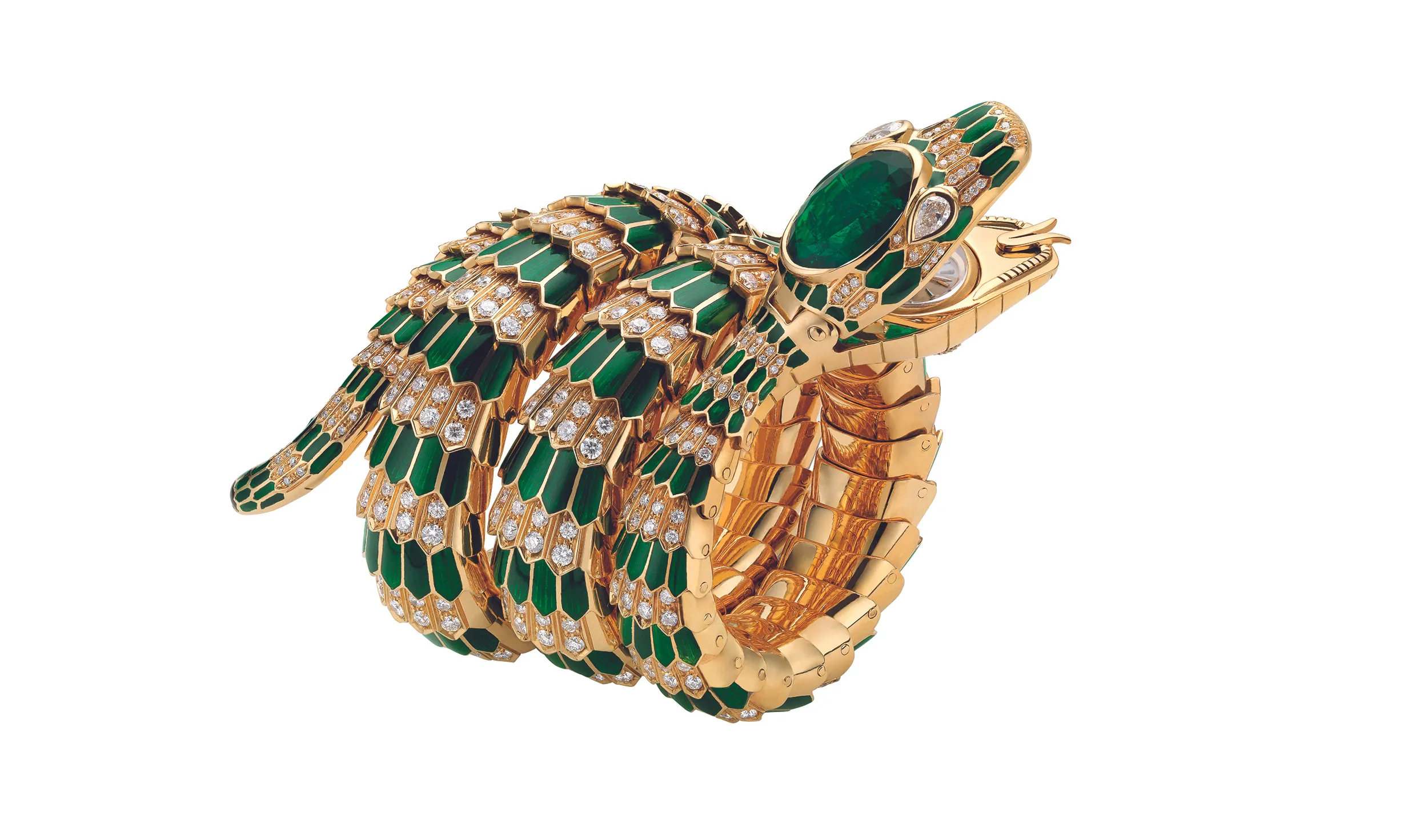 <p>Bulgari ‘Serpenti’ bracelet-watch in gold with green enamel, emeralds and diamonds, 1969. © Bulgari Heritage Collection. Photo: Barrella – Studio Orizzonte Gallery</p>