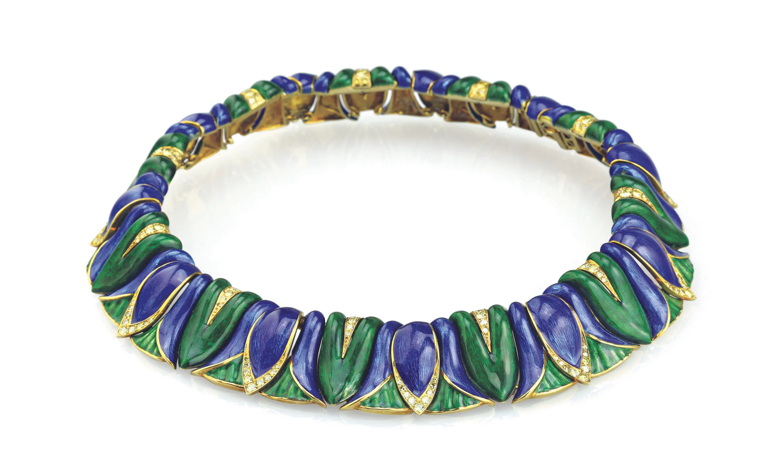 <p>Verdura gold, yellow diamond, blue and green enamel ‘Lotus Leaves’ necklace, 1964. © Verdura</p>
