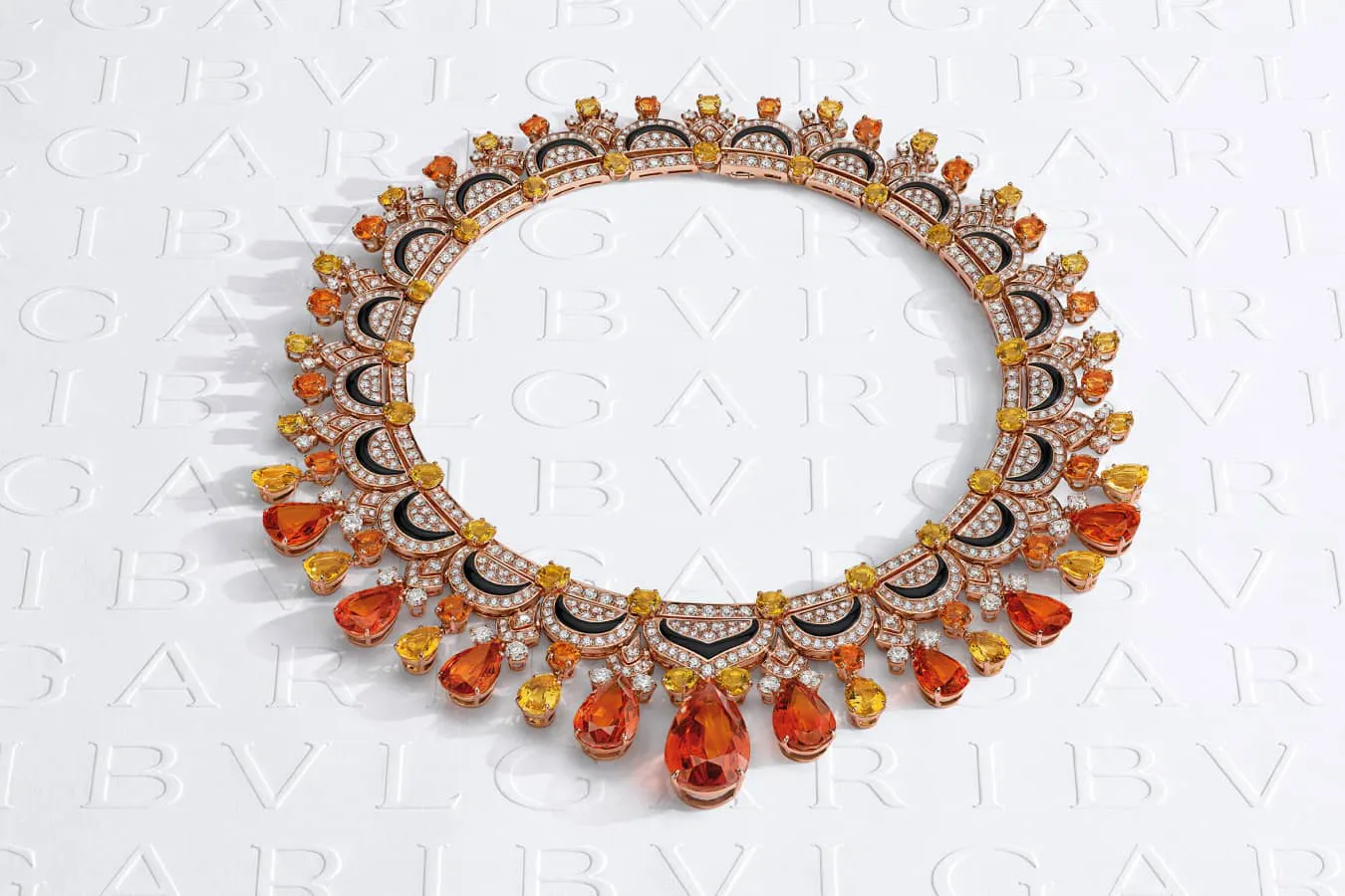 <p>The Oriental Fantasy necklace with nine Mandarin garnets of more than 90 carats, paired with citrines, mother of pearl and black onyx from the East Meets West chapter of the Bulgari Mediterranea High Jewellery Collection</p>
