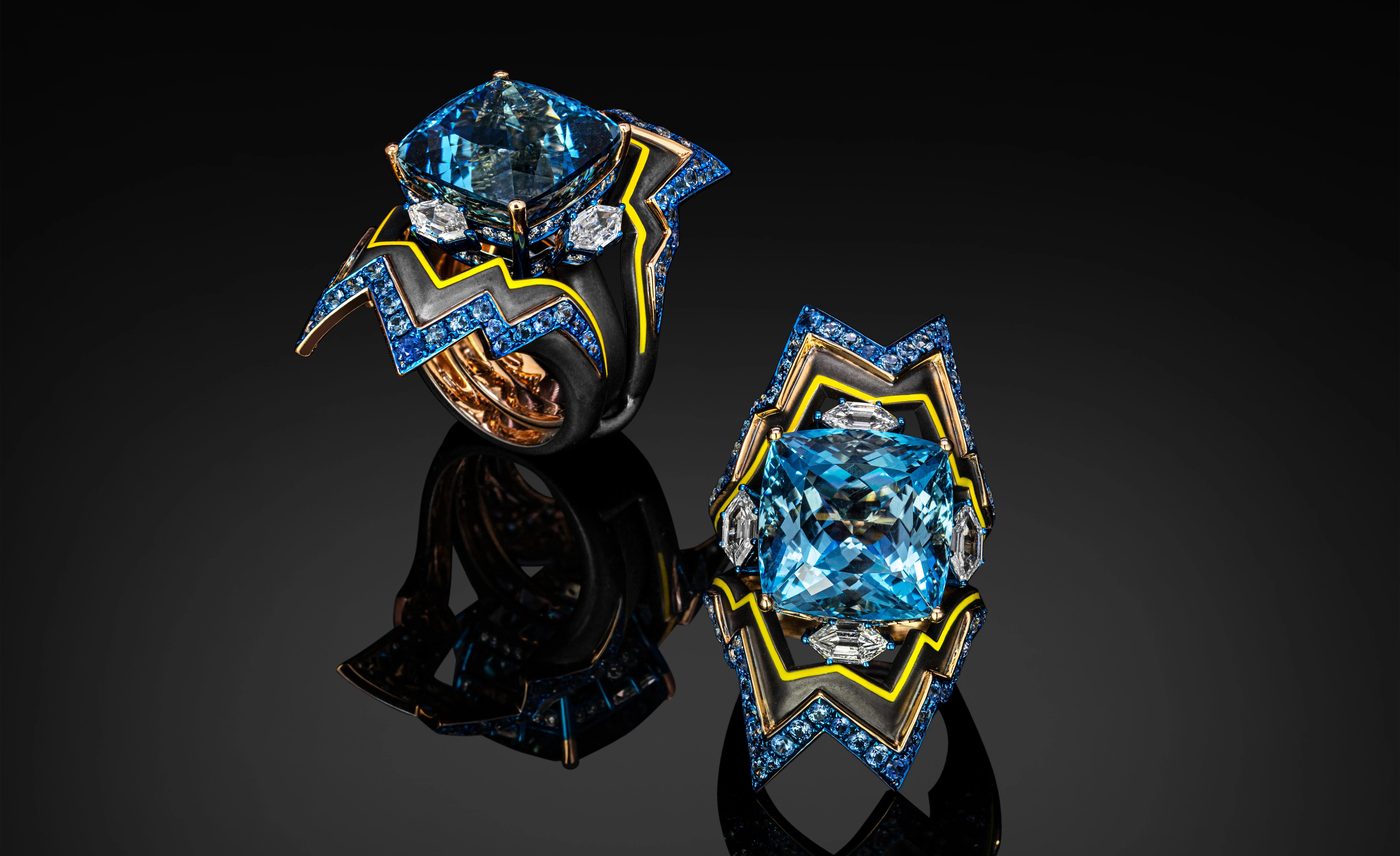 Austy Lee The Oscillation from Santa Maria ring from The 10th Dimension Collection with a Santa Maria aquamarine, blue sapphires, yellow enamel, and diamonds