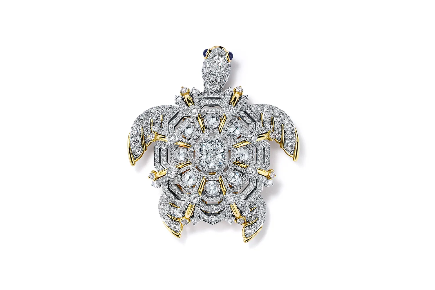 Tiffany & Co. Sea Turtle diamond pendant-brooch with a diamond of over 4 carats, sapphires and further diamonds set in platinum and 18k yellow gold, from the Sea of Wonder Blue Book 2025 High Jewellery collection 