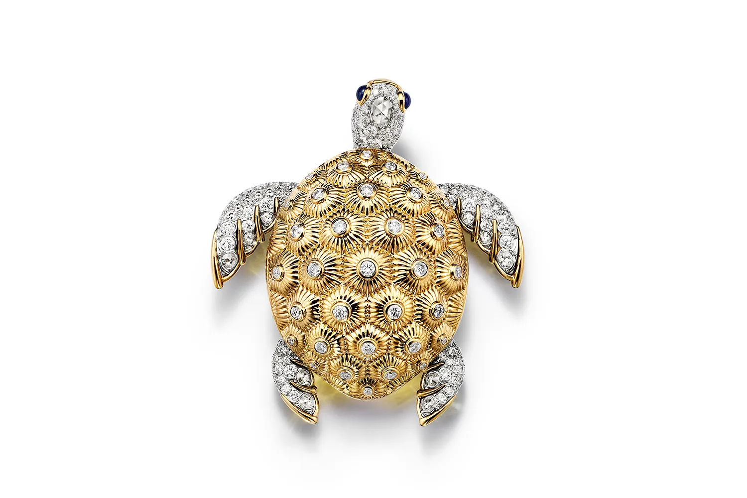 Tiffany & Co. Sea Turtle brooch with sapphires and over 8 total carats of diamonds set in 18k yellow gold and platinum, from the Sea of Wonder Blue Book 2025 High Jewellery collection 