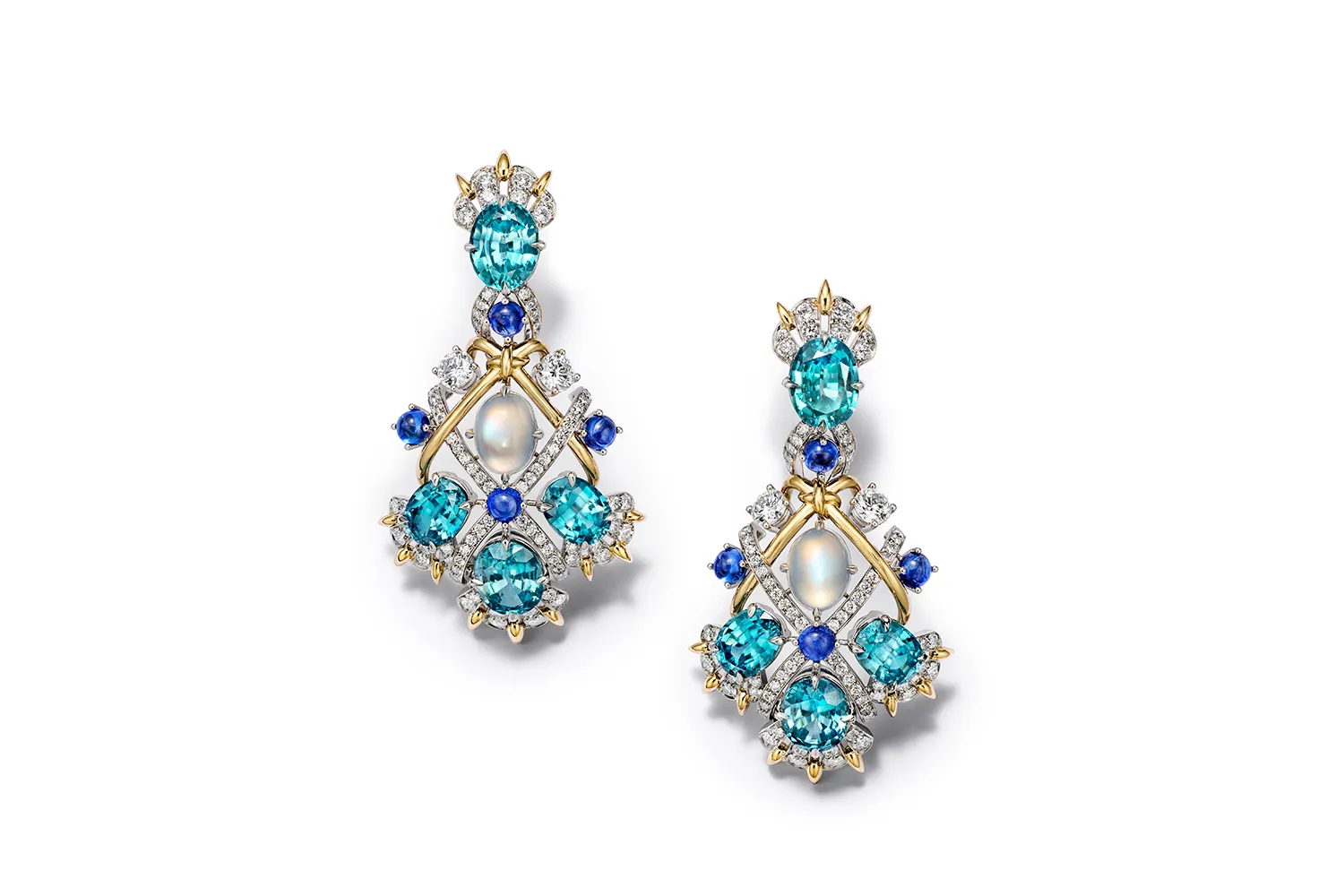 Tiffany & Co. Seahorse earrings with over 17 carats of blue zircons, sapphires, moonstones and diamonds set in 18k yellow gold and platinum, from the Sea of Wonder Blue Book 2025 High Jewellery collection 
