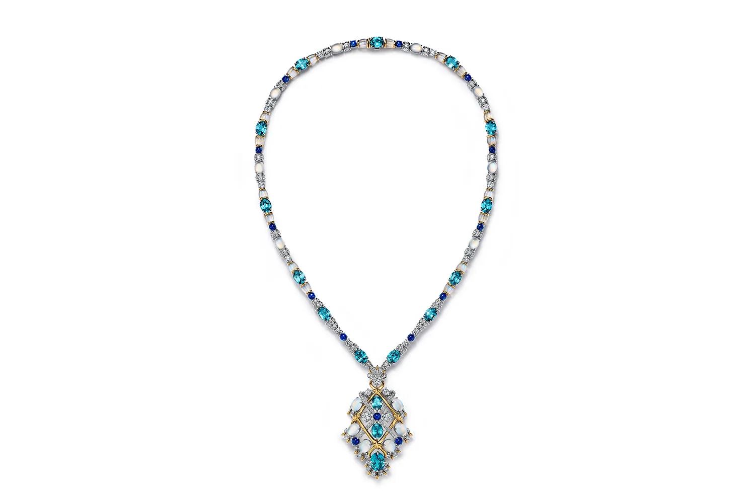 Tiffany & Co. Seahorse pendant with over 27 carats of blue zircons, sapphires, moonstones and diamonds set in 18k yellow gold and platinum, from the Sea of Wonder Blue Book 2025 High Jewellery collection 