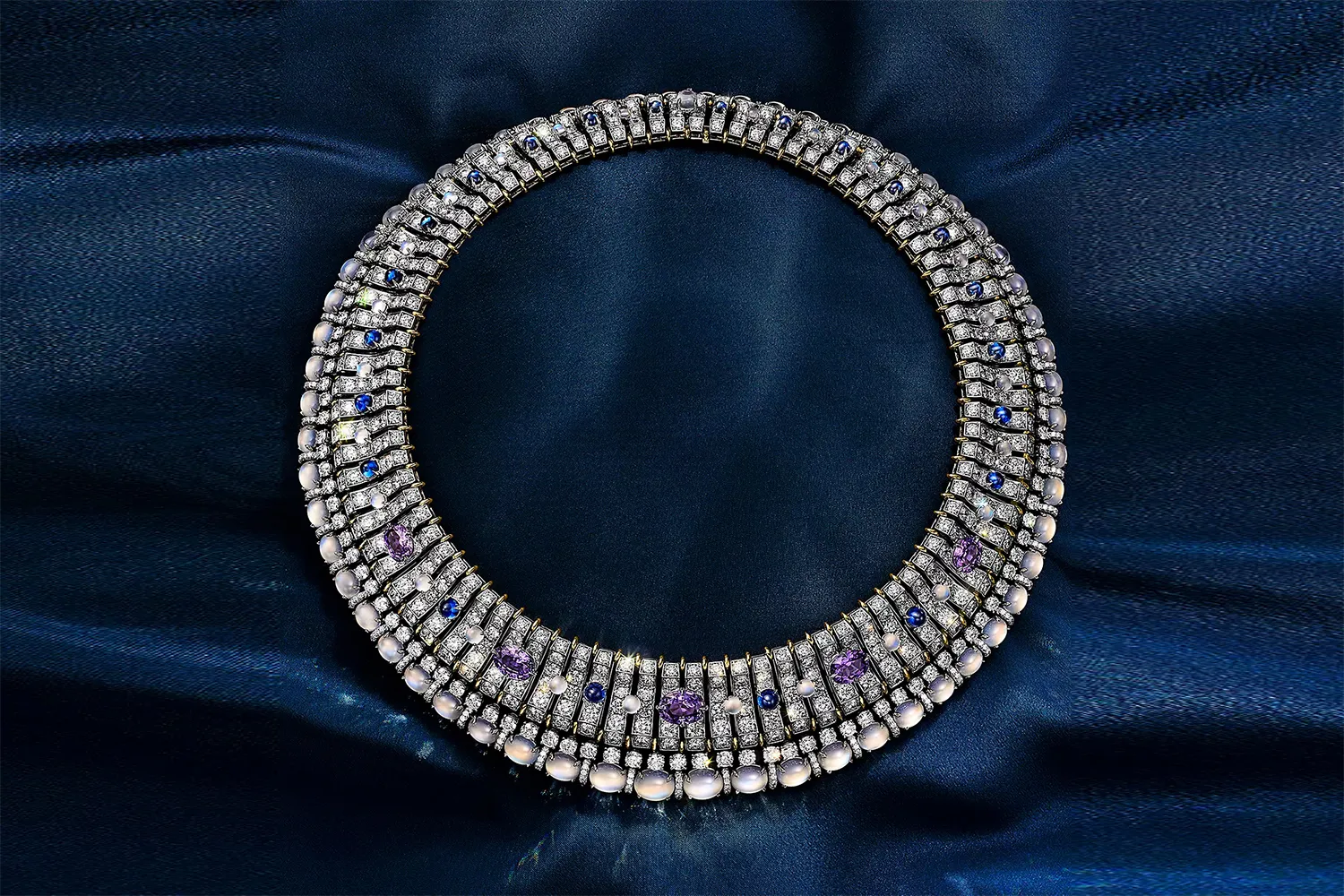 Tiffany & Co. Seahorse necklace with unenhanced purple sapphires of over 11 total carats, blue sapphires, moonstones and diamonds, set in 18k yellow gold and platinum, from the Sea of Wonder Blue Book 2025 High Jewellery collection 