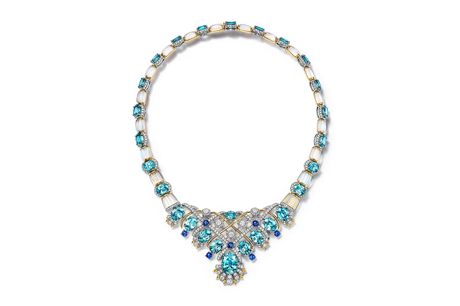 Tiffany & Co. Seahorse necklace with over 80 carats of blue zircons, sapphires, moonstones and diamonds set in 18k yellow gold and platinum, from the Sea of Wonder Blue Book 2025 High Jewellery collection 