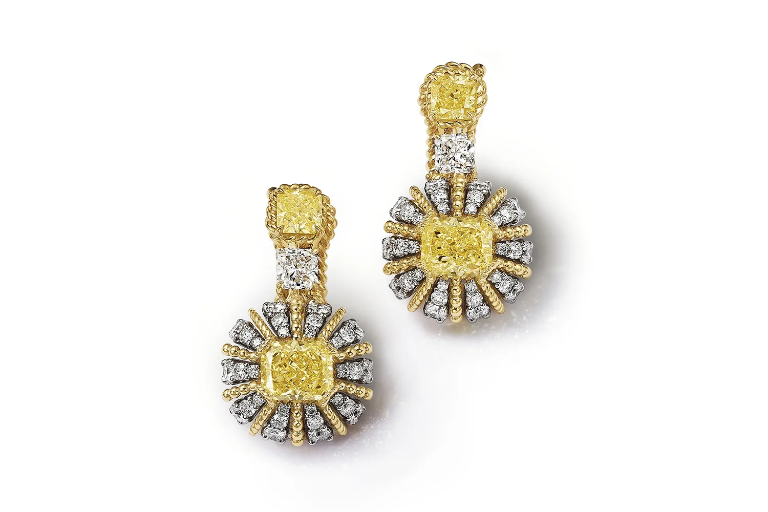 Tiffany & Co. Urchin earrings with fancy intense yellow diamonds weighing over 4 carats total set in 18k yellow gold and platinum, surrounded by yellow and white diamonds, from the Sea of Wonder Blue Book 2025 High Jewellery collection 