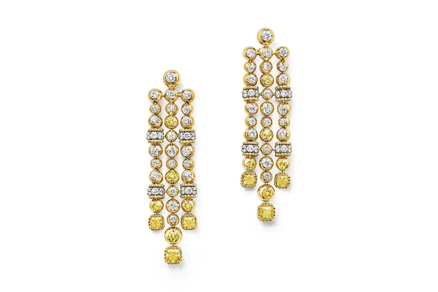 Tiffany & Co. Urchin earrings with fancy intense yellow diamonds weighing over 2 carats total set in 18k yellow gold and platinum, surrounded by yellow and white diamonds, from the Sea of Wonder Blue Book 2025 High Jewellery collection 