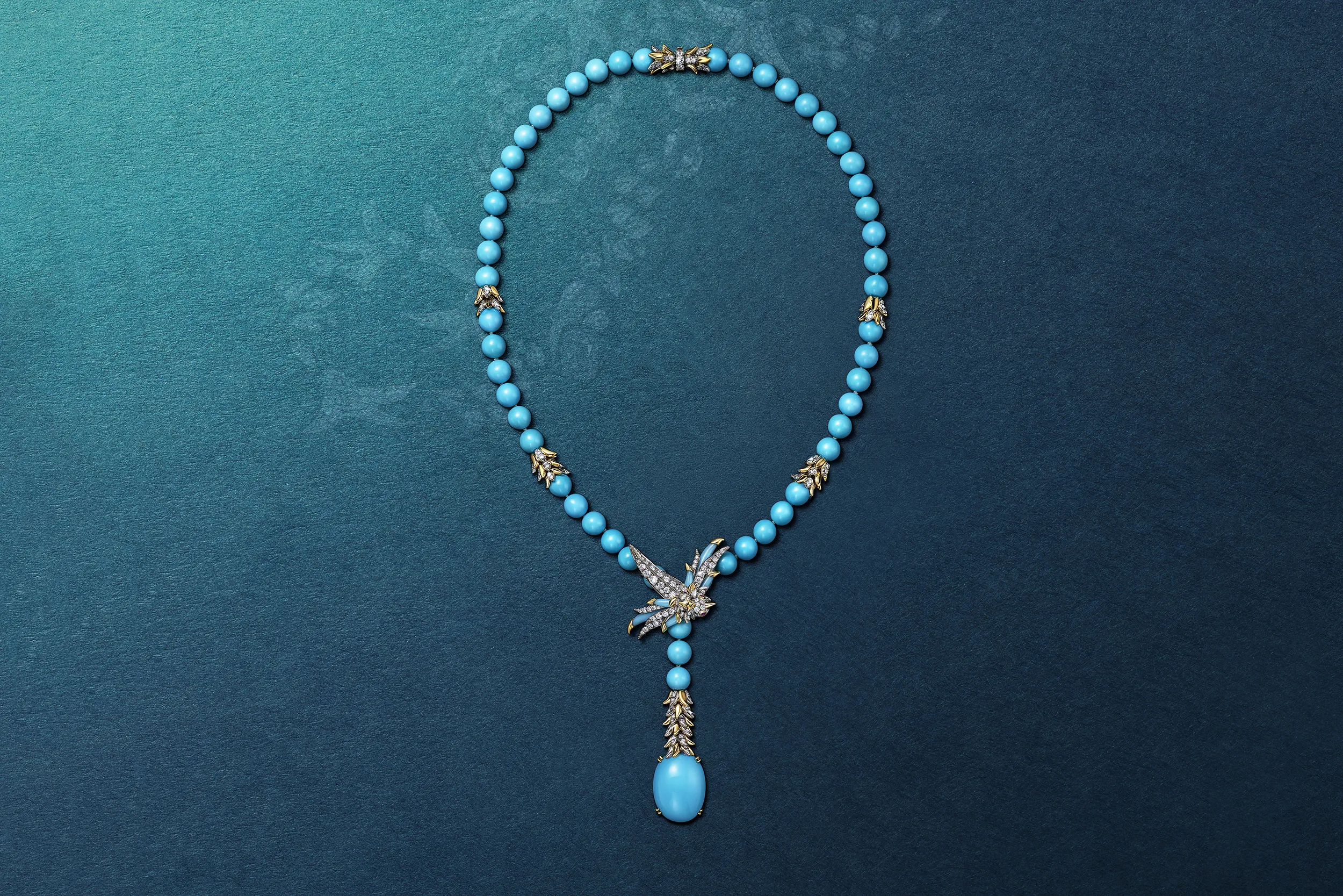 <p>Tiffany &amp; Co. Bird on a Rock High Jewellery lariat in platinum and 18k yellow gold with a turquoise drop of approximately 16 carats, 54 turquoise beads, turquoise accents, diamonds and rubies</p>
