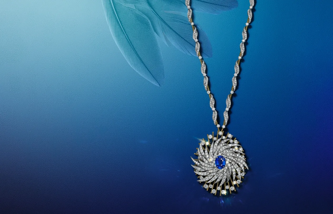 Tiffany & Co Céleste Wings pendant with a sapphire and diamonds in platinum and 18k yellow gold