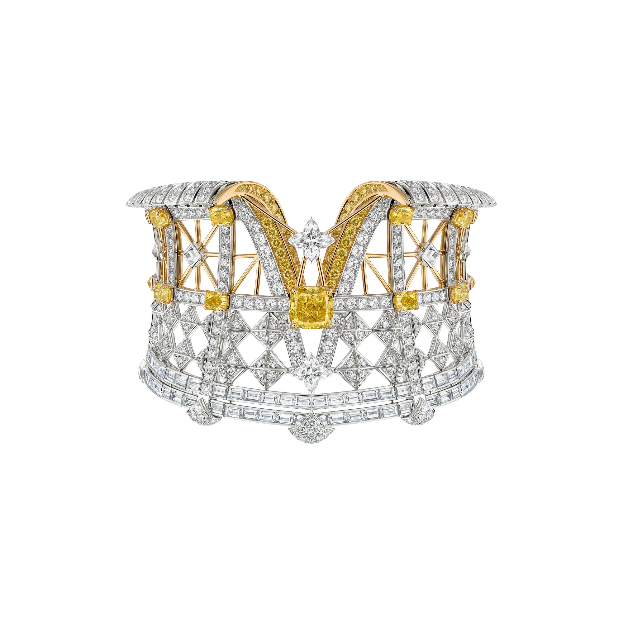 Louis Vuitton Victoire bracelet with a 3.98-carat yellow diamond, further yellow diamonds and fancy-cut colourless diamonds from Chapter II of the Awakened Hands, Awakened Minds High Jewellery collection