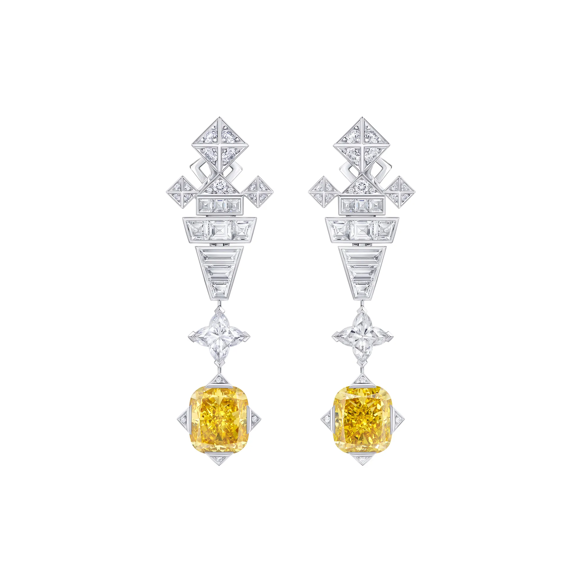 Louis Vuitton Victoire earrings with yellow diamonds and fancy-cut colourless diamonds from Chapter II of the Awakened Hands, Awakened Minds High Jewellery collection