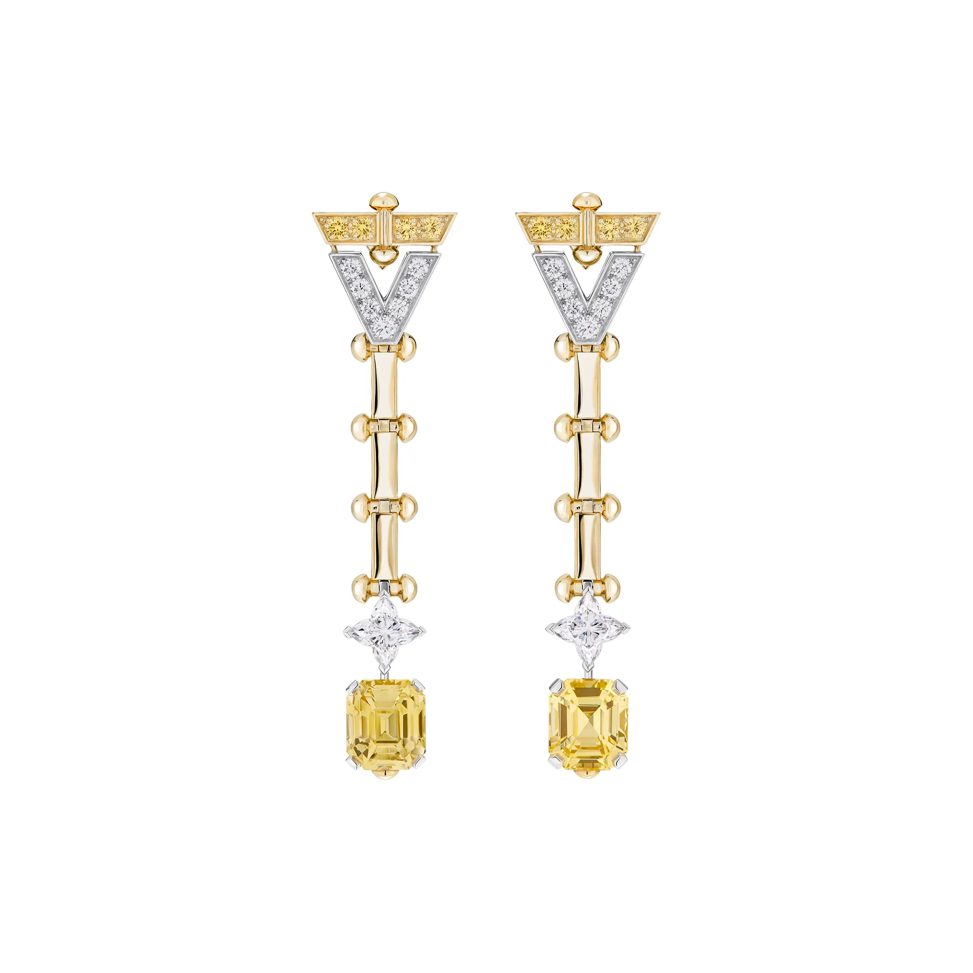 Louis Vuitton Vision long earrings with yellow sapphires and LV Monogram Star-cut diamonds from Chapter II of the Awakened Hands, Awakened Minds High Jewellery collection