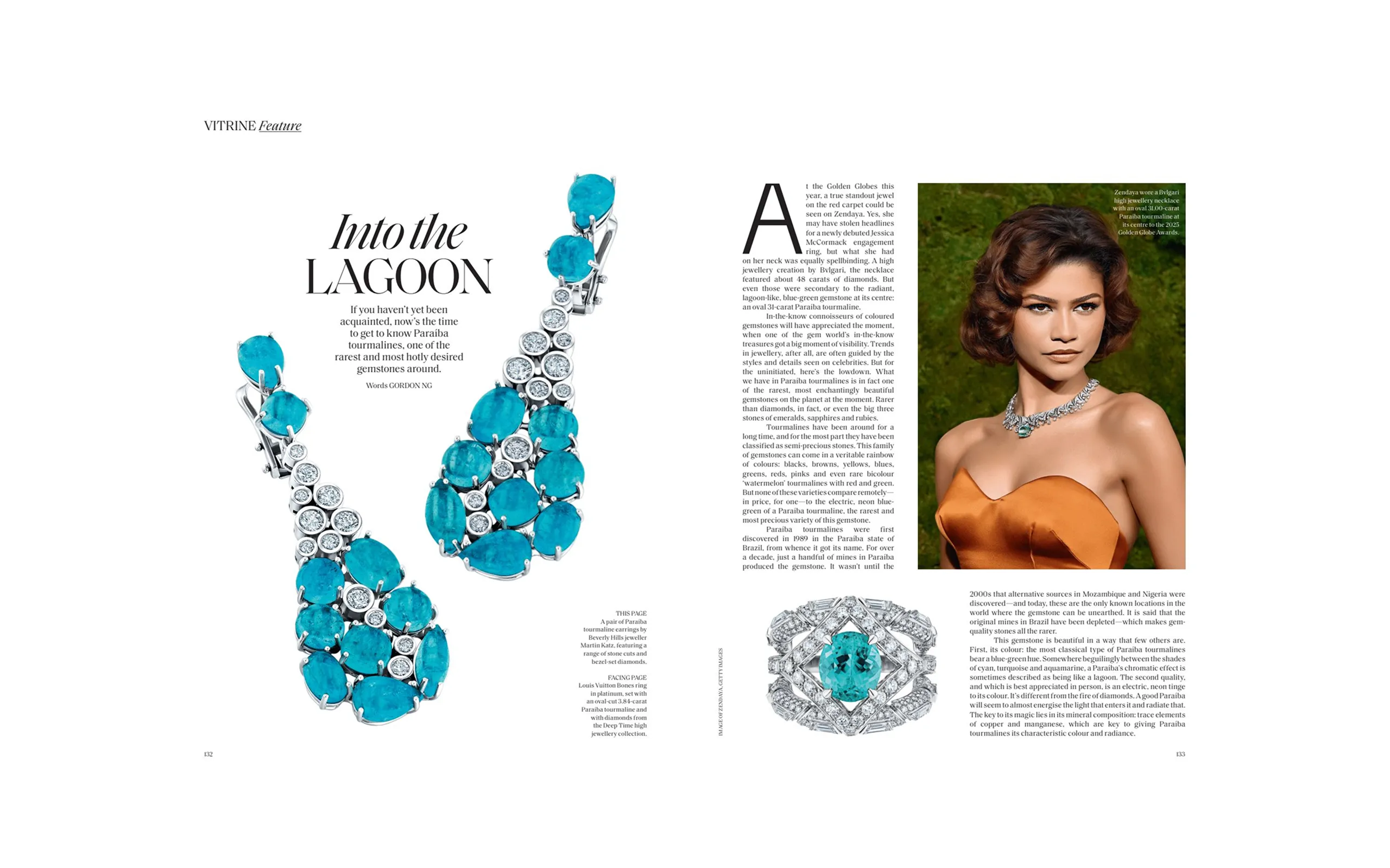 Excerpts from the Vogue Singapore March 2025 issue, featuring earrings by Martin Katz, a ring by Louis Vuitton, and a Bvlgari necklace worn by Zendaya