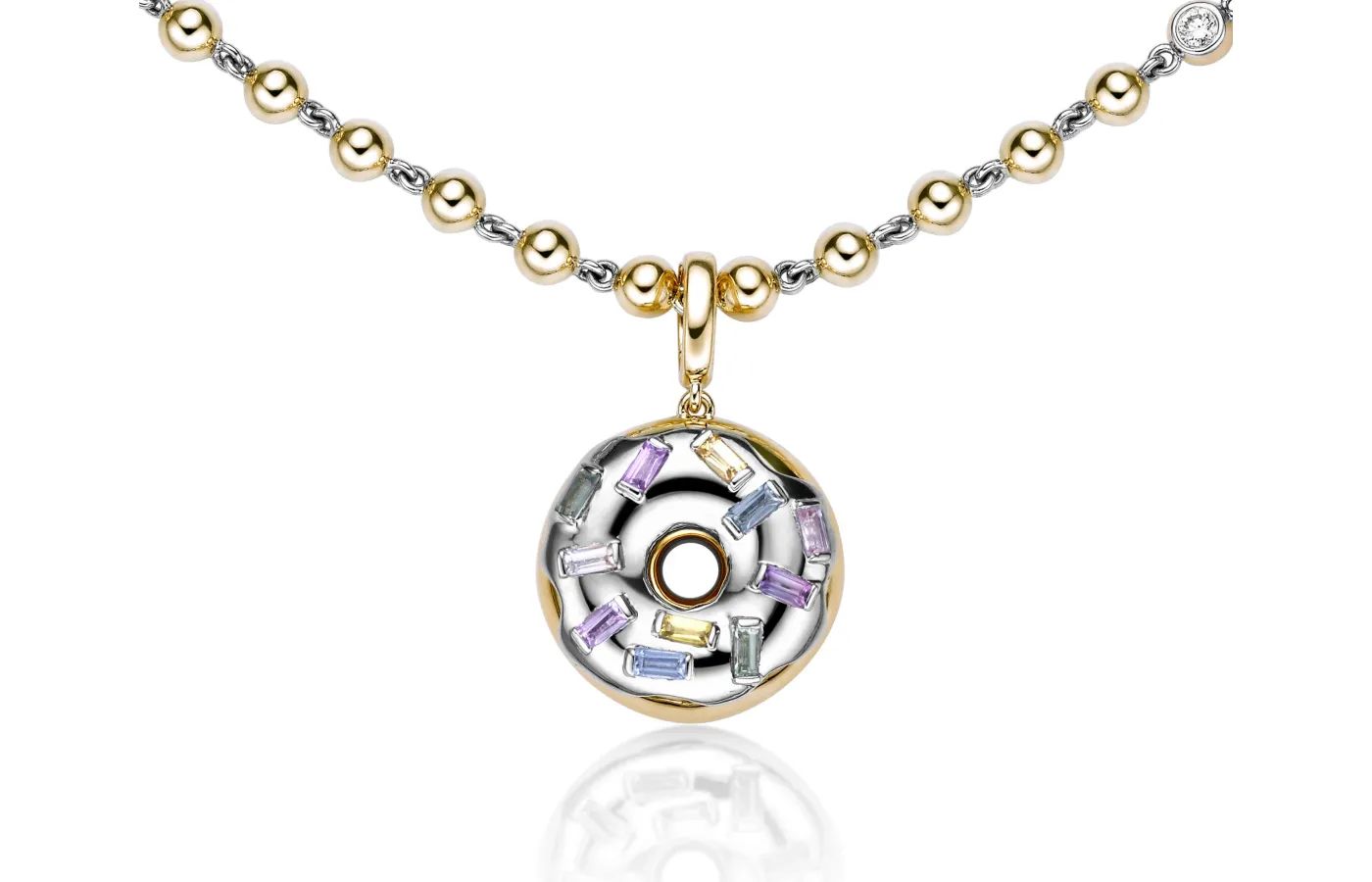 Valentina Fine Jewellery Doughnut pendant with multi-coloured sapphires in 18k gold and platinum