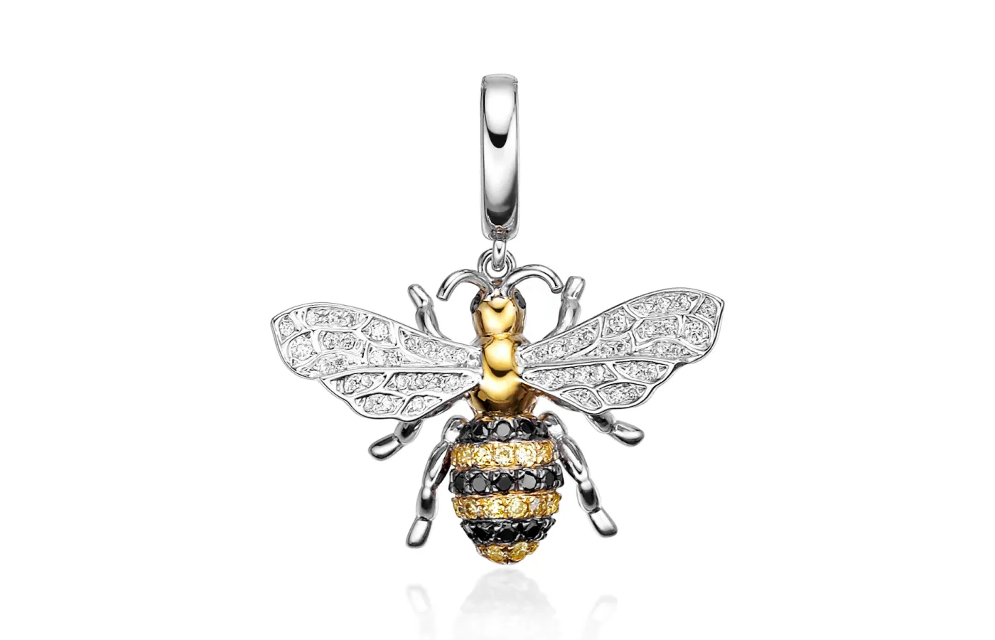 Valentina Fine Jewellery Diamond Bee Charm pendant with colourless, fancy yellow and black diamonds in 18k yellow and white gold 