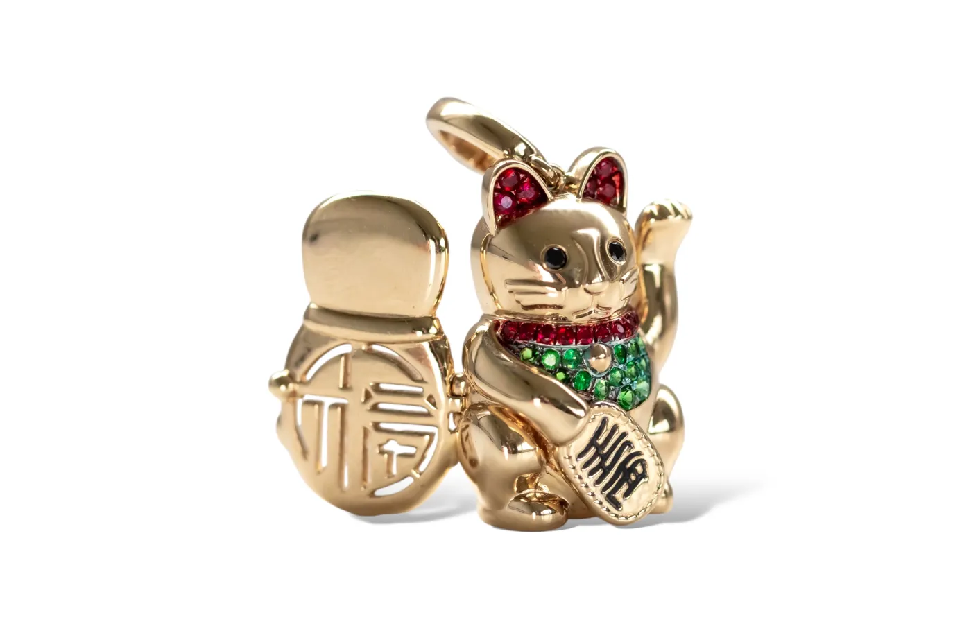 Valentina Fine Jewellery Lucky Cat pendant in 18k yellow gold with rubies, tsavorite garnets, black diamonds and rhodium plating