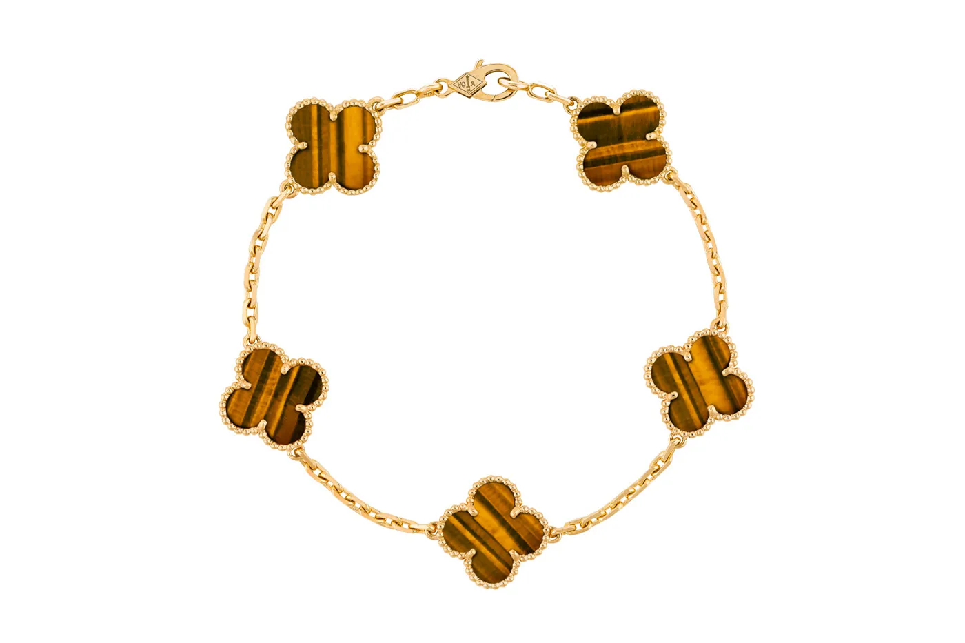 <p>Van Cleef&Arpels ‘Alhambra’ bracelet in tigers eye and yellow gold</p>