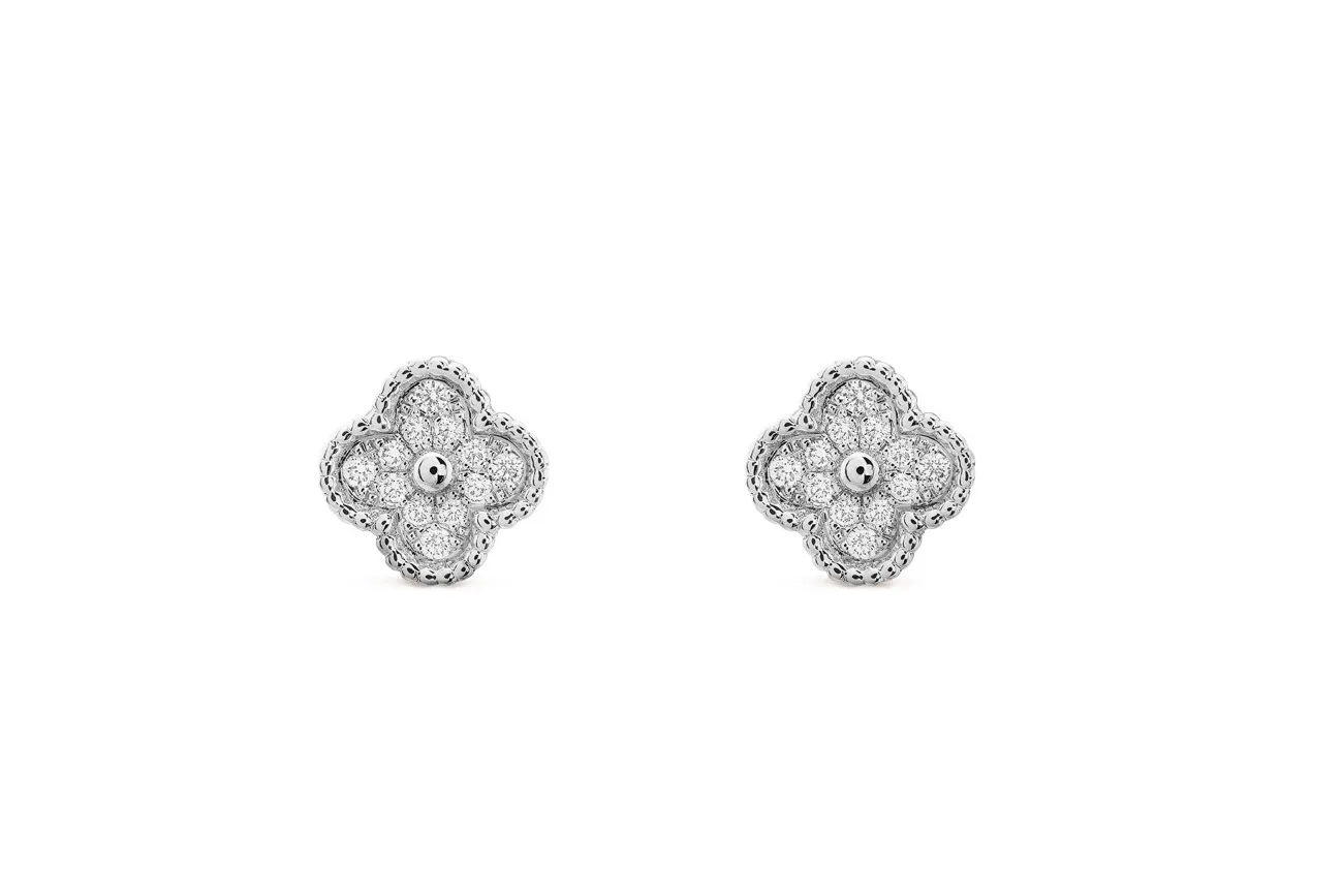 <p>Van Cleef&Arpels ‘Alhambra’ earstuds in diamonds and white gold</p>