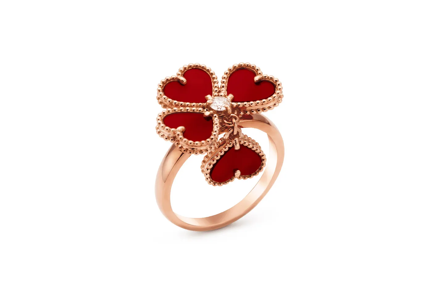 <p>Van Cleef&Arpels ‘Alhambra’ ring in diamond, carnelian and rose gold</p>