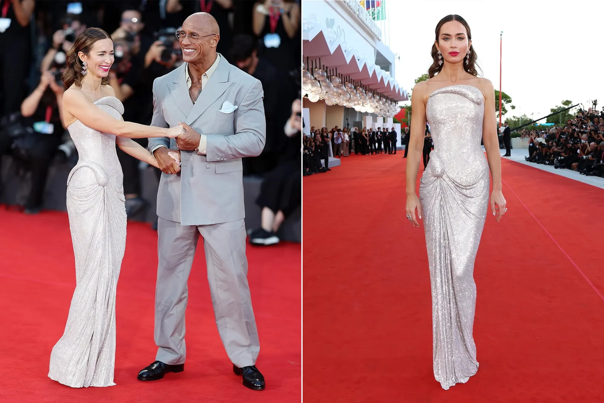 <p>Emily Blunt poses with Dwayne ‘The Rock’ Johnson at the Venice Film Festival 2025 wearing pieces from the Tiffany &amp; Co. 2024 Blue Book High Jewellery collection, alongside a ring with a 15-carat diamond set in platinum</p>
