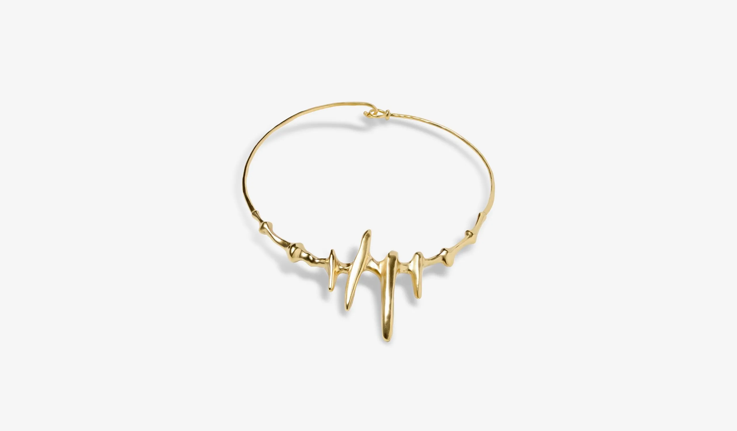 Vram Chrona necklace, handcrafted in 18k yellow gold, featuring satin-finished gold shaped like a prehistoric geological formation