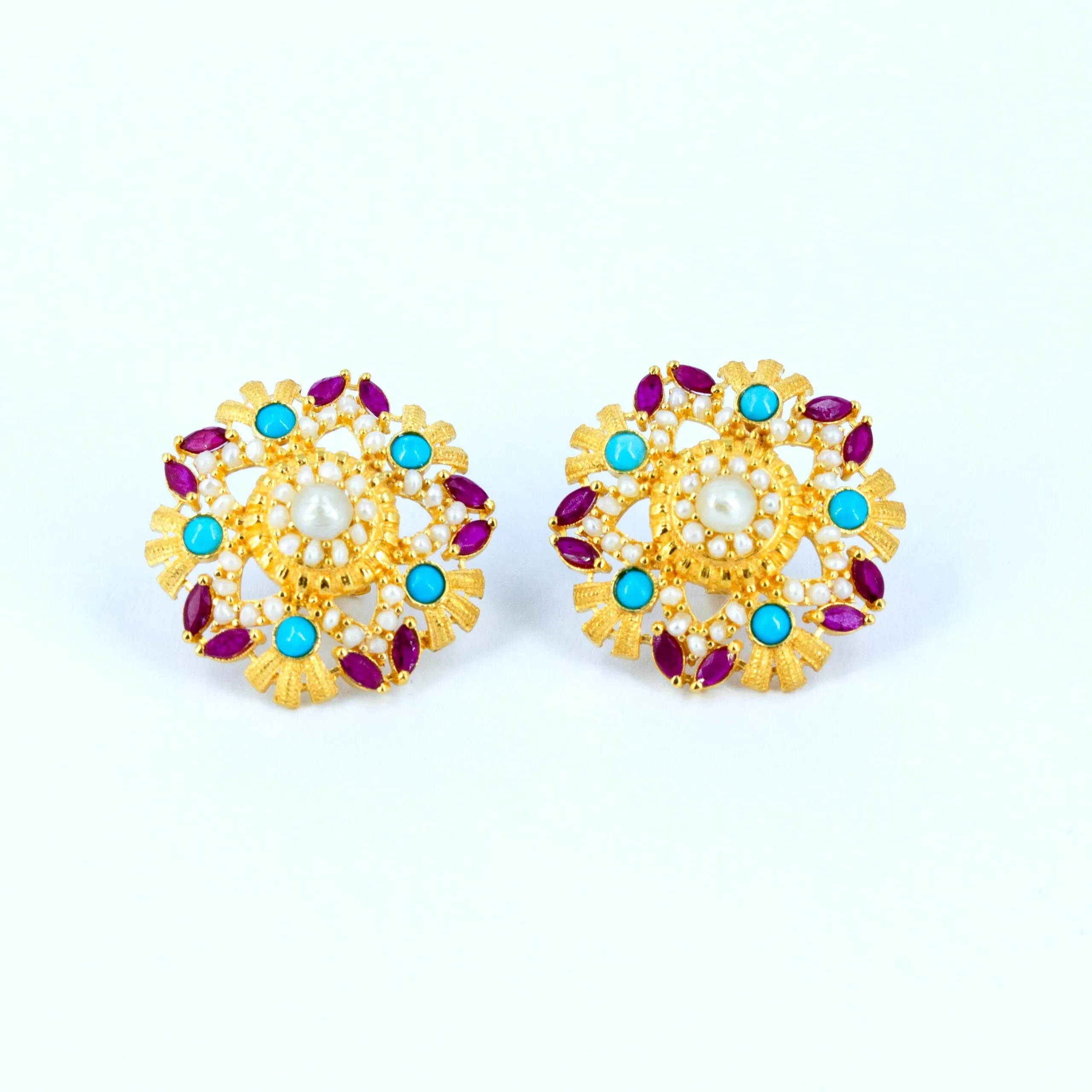 Pearl Biography Star earrings in 21k gold with 2.4 carats of natural Bahraini pearls, natural turquoise and rubies 