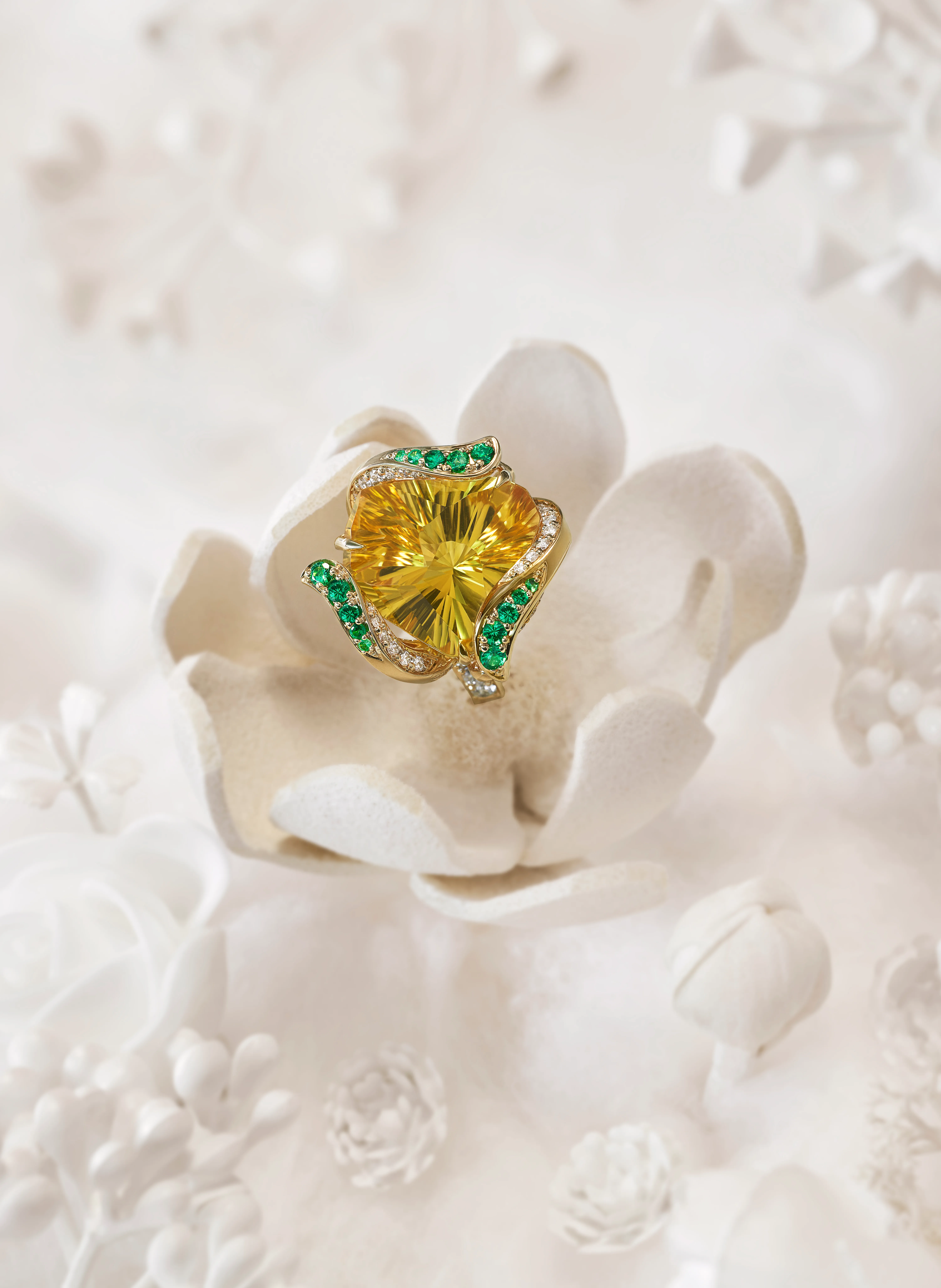 Zoya ‘Wildflower Heart’ ring from the Alive collection with a 13-carat Bloom Cut™ citrine, diamonds, and green tsavorites 