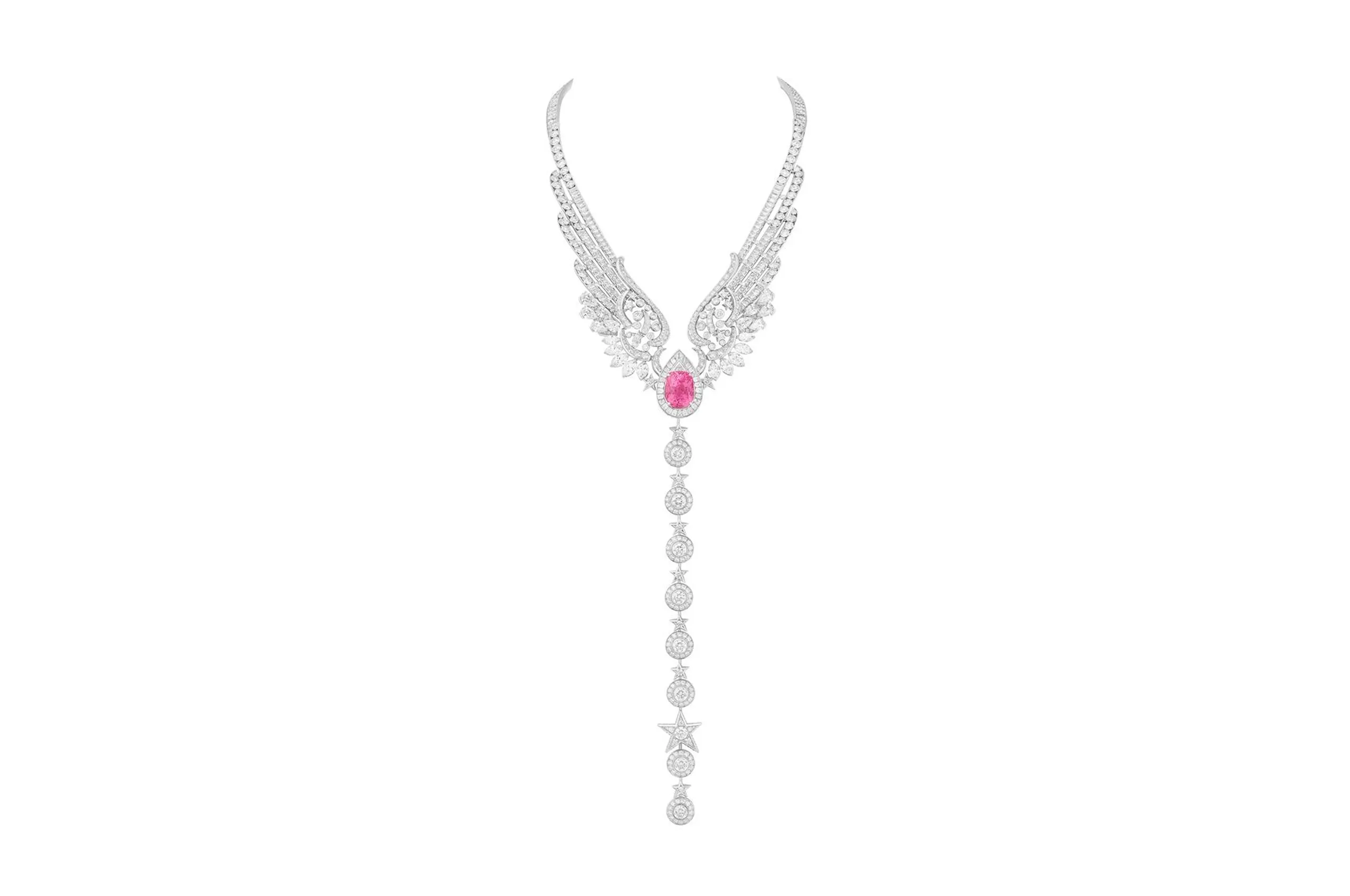 Chanel Wings of Chanel necklace with a cushion-cut padparadscha sapphire of 19.55 carats and diamonds set in white gold and platinum from the Reach for the Stars High Jewellery collection 