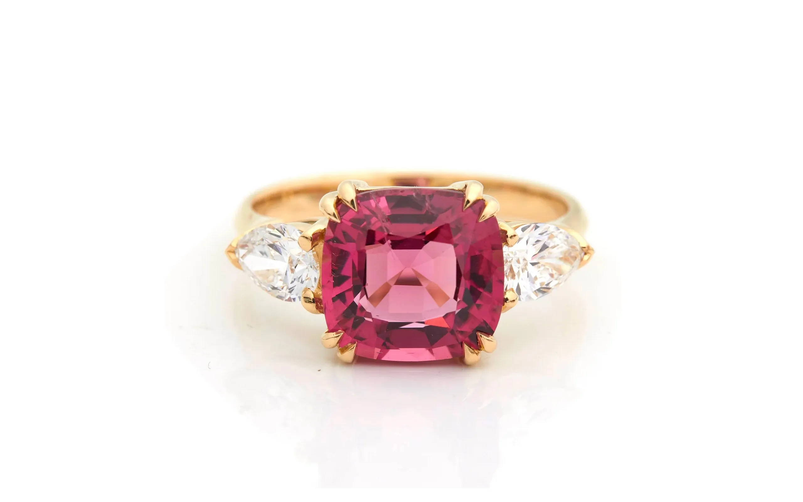 Yi Collection Eternal engagement ring, set with a 3.23 carat cushion cut raspberry tourmaline and diamonds in 18K yellow gold