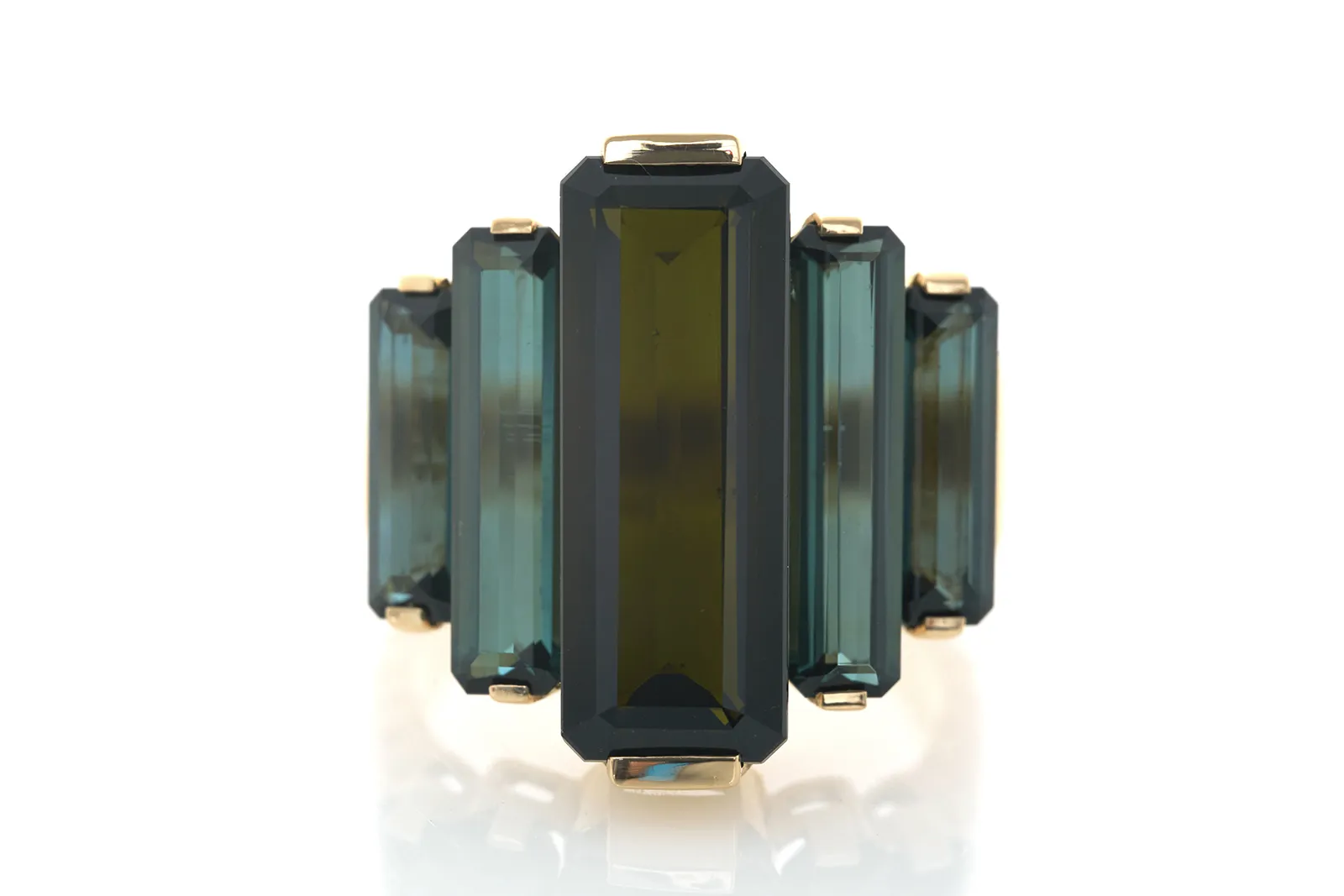 Yi Collection Tourmaline Rhythm Supreme ring with a central black tourmaline and two pairs of blue tourmalines, totalling 12.725 carats, set in 18k yellow gold 