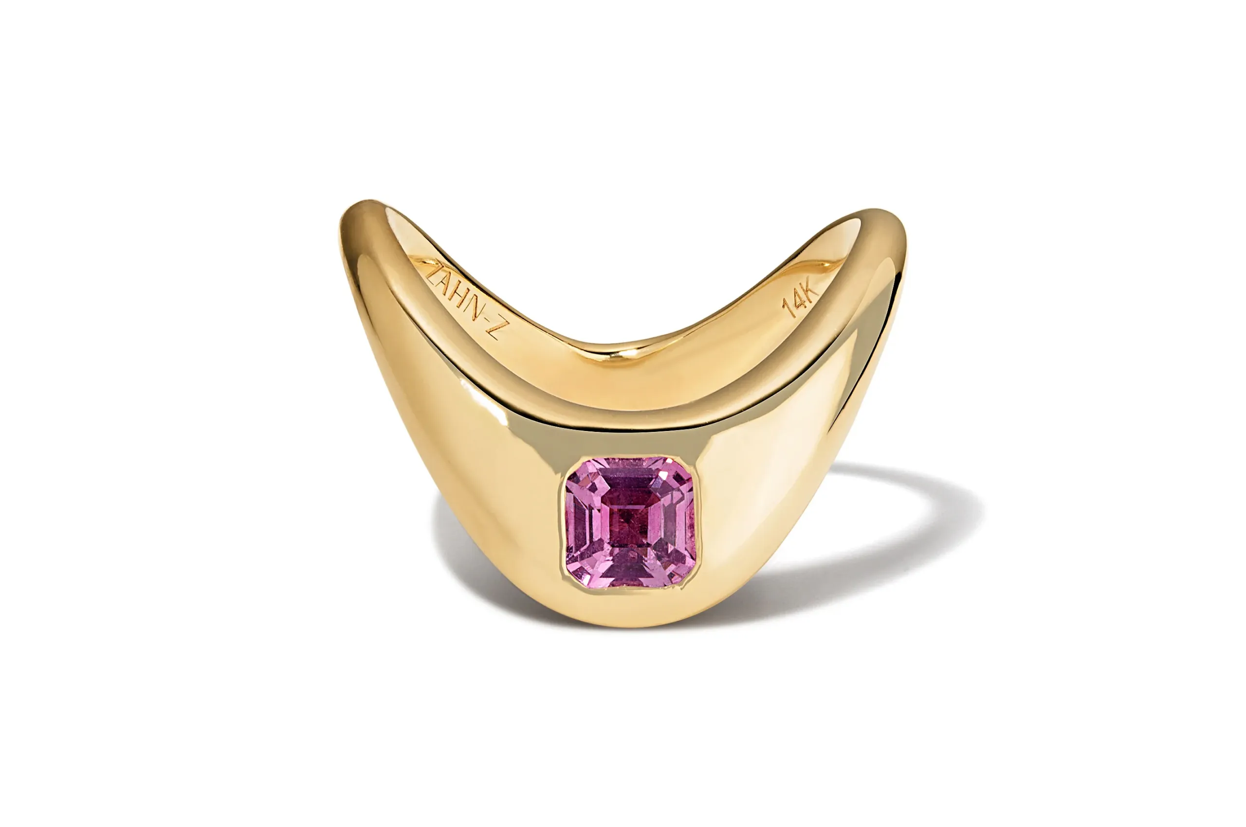 A promise ring can be traditional or unconventional, like this Zahn Z Petite Zaha Asscher cut pink spinel ring in 14K yellow gold.