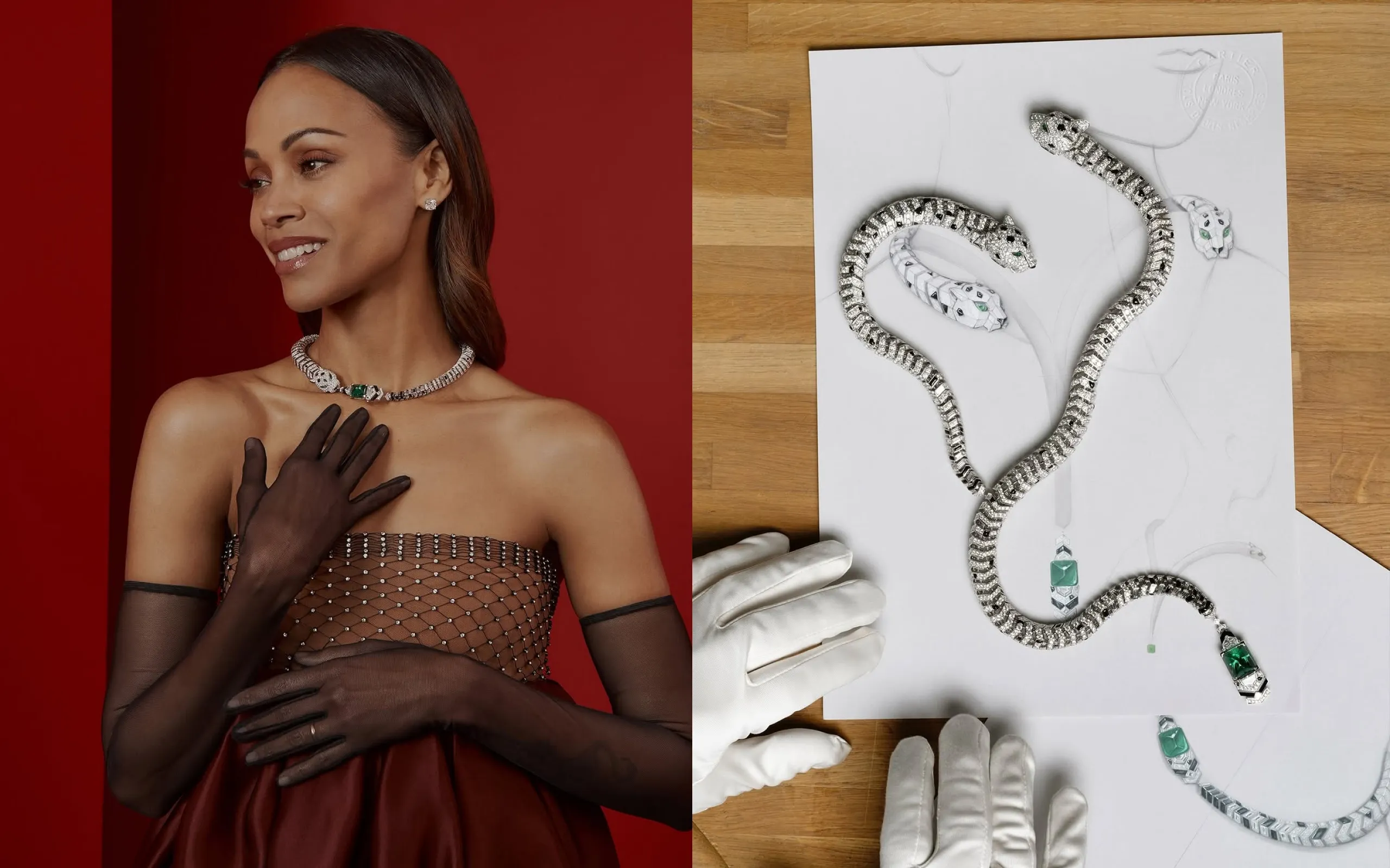 2025 Oscar-winner Zoe Saldaña wearing the Cartier Panthères Versatiles necklace from the Nature Sauvage High Jewellery collection, crafted in white gold and set with a 10.10-carat Zambian cabochon emerald, onyx and diamonds