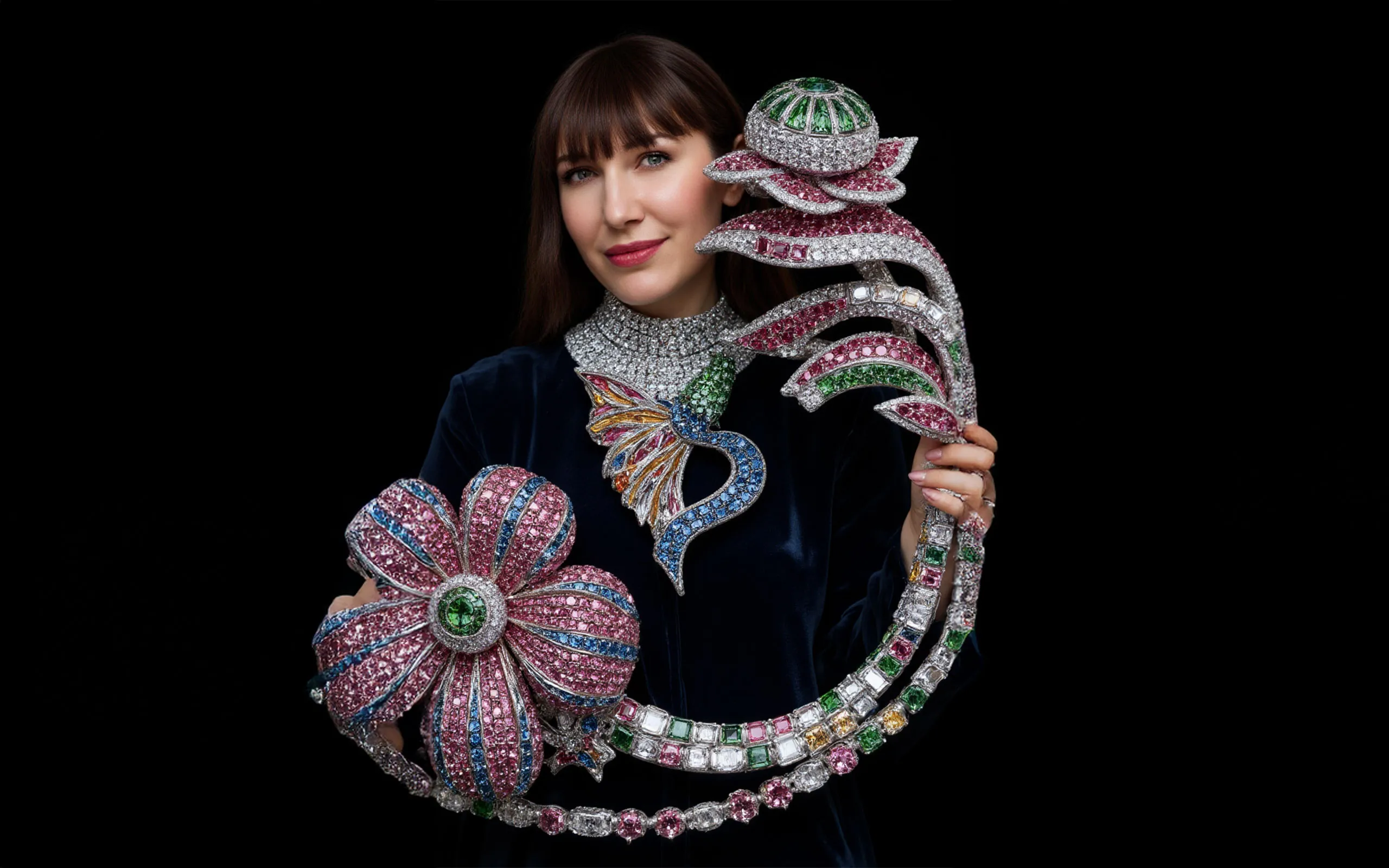 Katerina Perez holds an impossible structure set with diamonds and coloured gemstones in this AI-created image by Anastasia Rogozhina
