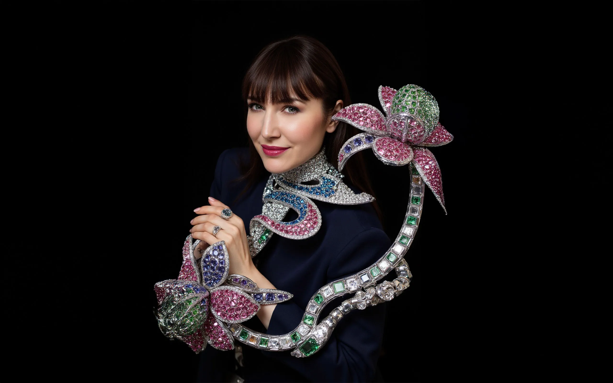 The ‘Diamond Garden’ series by AI artist Anastasia Rogozhina brings impossible creations to life, including a life-sized floral sculpture and an elaborate necklace, modelled digitally by Katerina Perez 