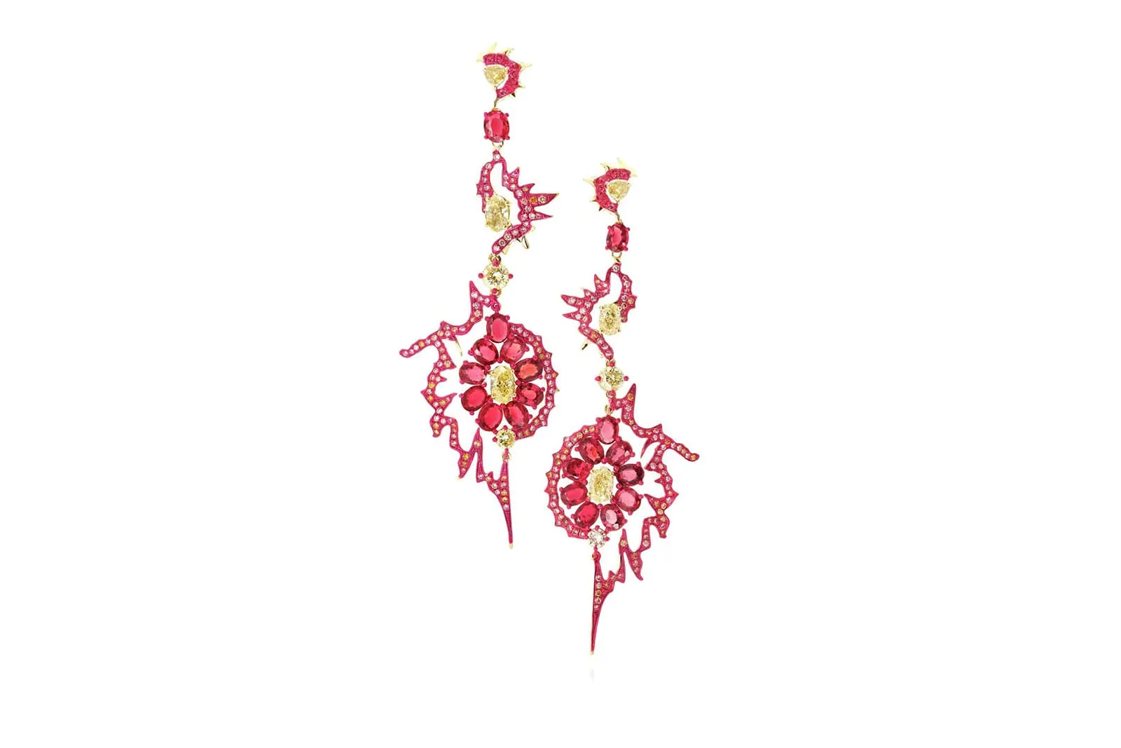 Austry Lee The Chakras Fire earrings in 18K yellow gold with unheated Burmese "Pigeon-blood" rubies, yellow diamonds and white diamonds