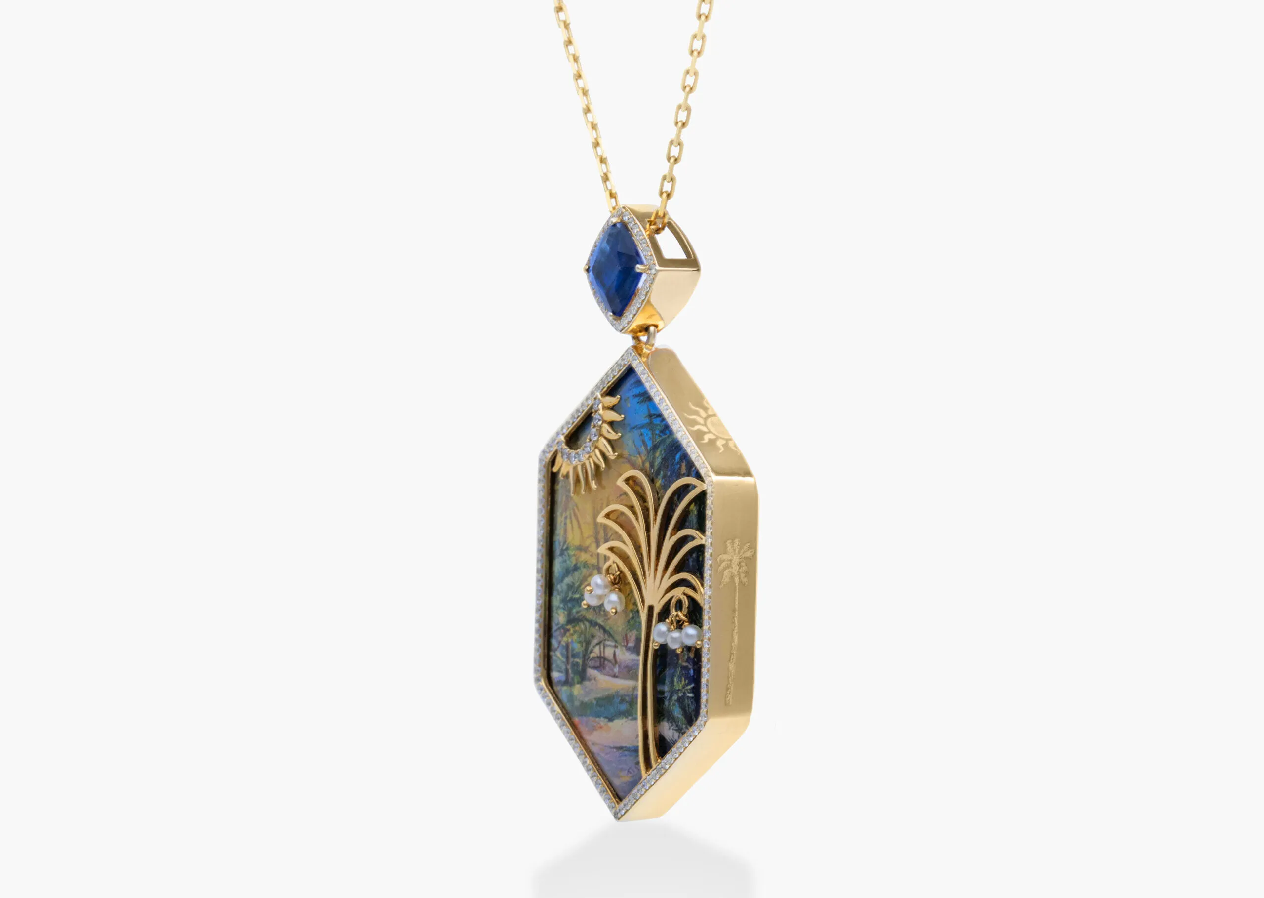 Kyan Jewelry Bahraini Palm Tree Art necklace, featuring the iconic hand-painted motifs of artist Abbas Almosawi, set with kyanite, diamonds and Bahraini natural pearls in 18k gold 