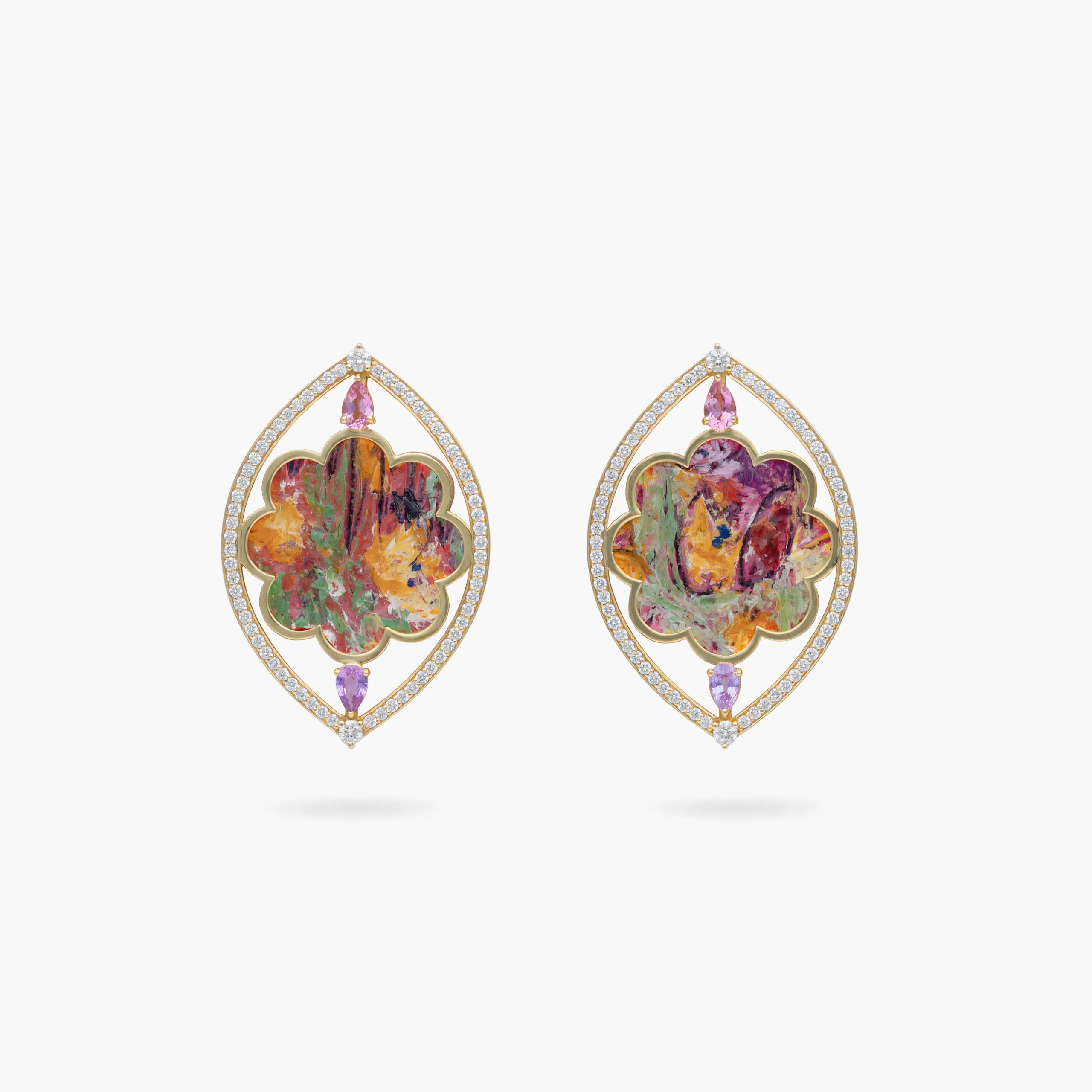 Kyan Jewelry ‘The Secret Garden’ Elegance earrings, featuring the oil painted work by artist Dr. Mayasa Al Sowaidi alongside diamonds, tourmalines and sapphires in 18k gold 