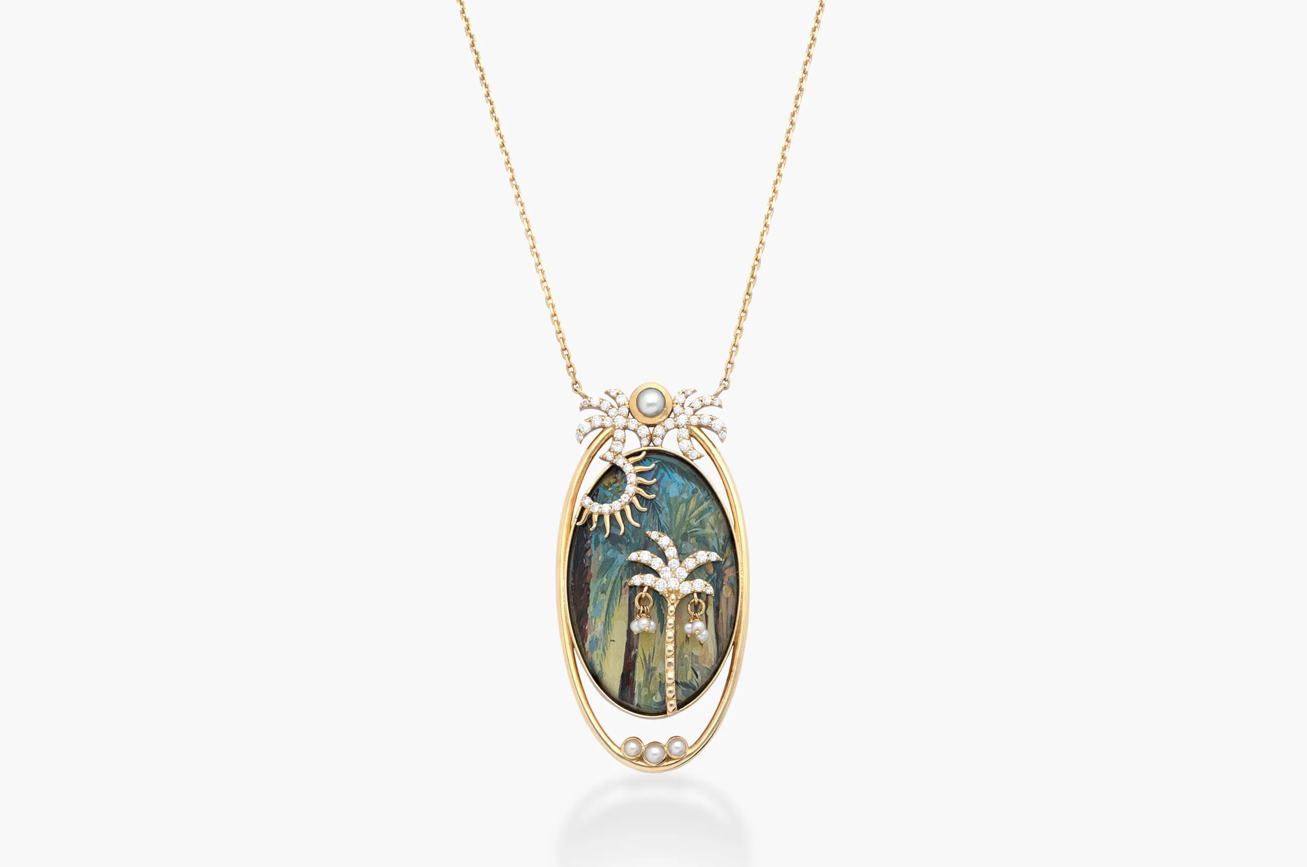 Kyan Jewelry Palm Tree Splendor necklace with a hand-painted work of art by Abbas Almosawi surrounded by Bahraini pearls and diamonds in 18k gold 