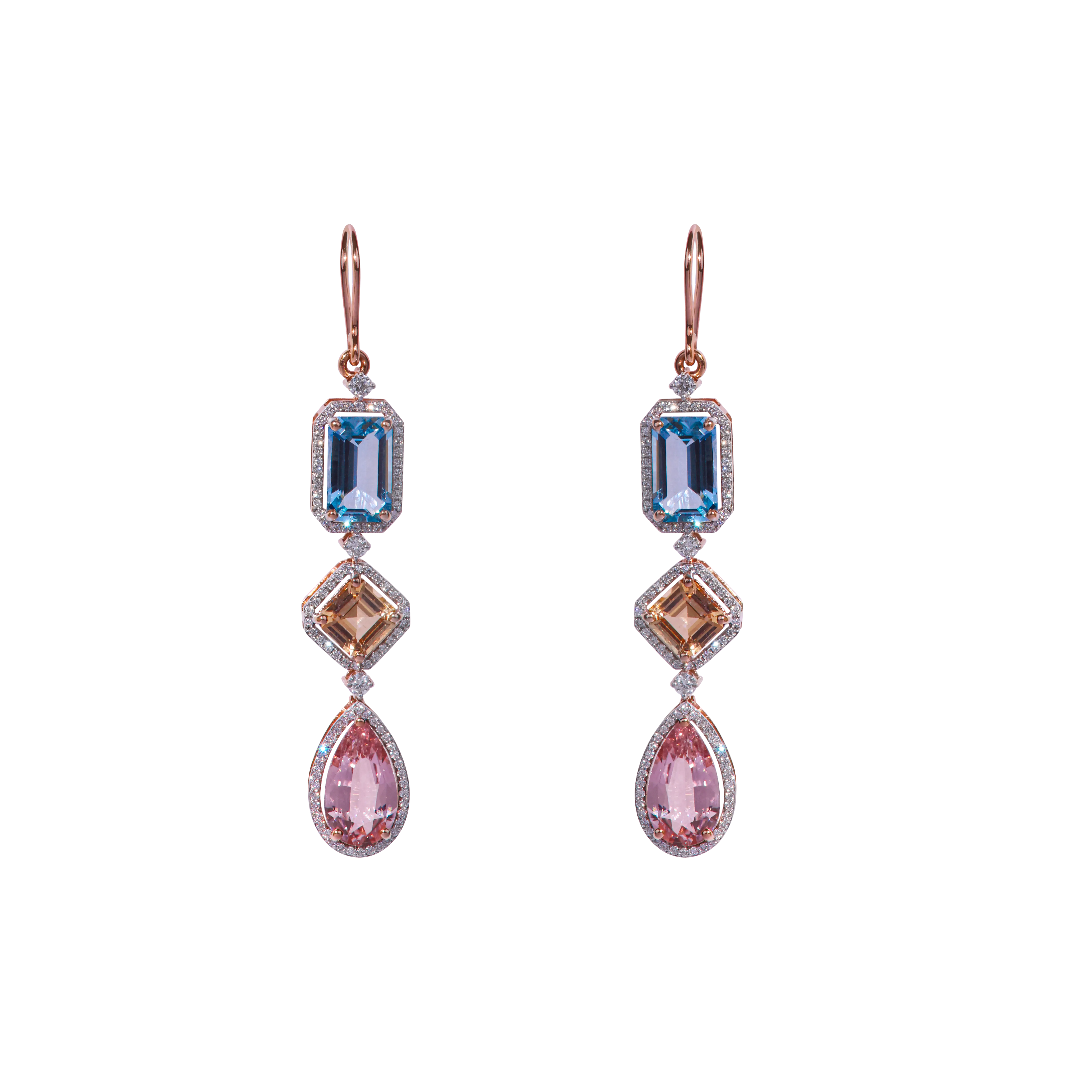 Zome Jewellery Aquarose earrings from the Axia collection with 5.36 carats of aquamarine, 4.7 carats of grossular garnet, 5.56 carats of pink tourmaline and 1.13 carats of diamonds in 18k rose gold 