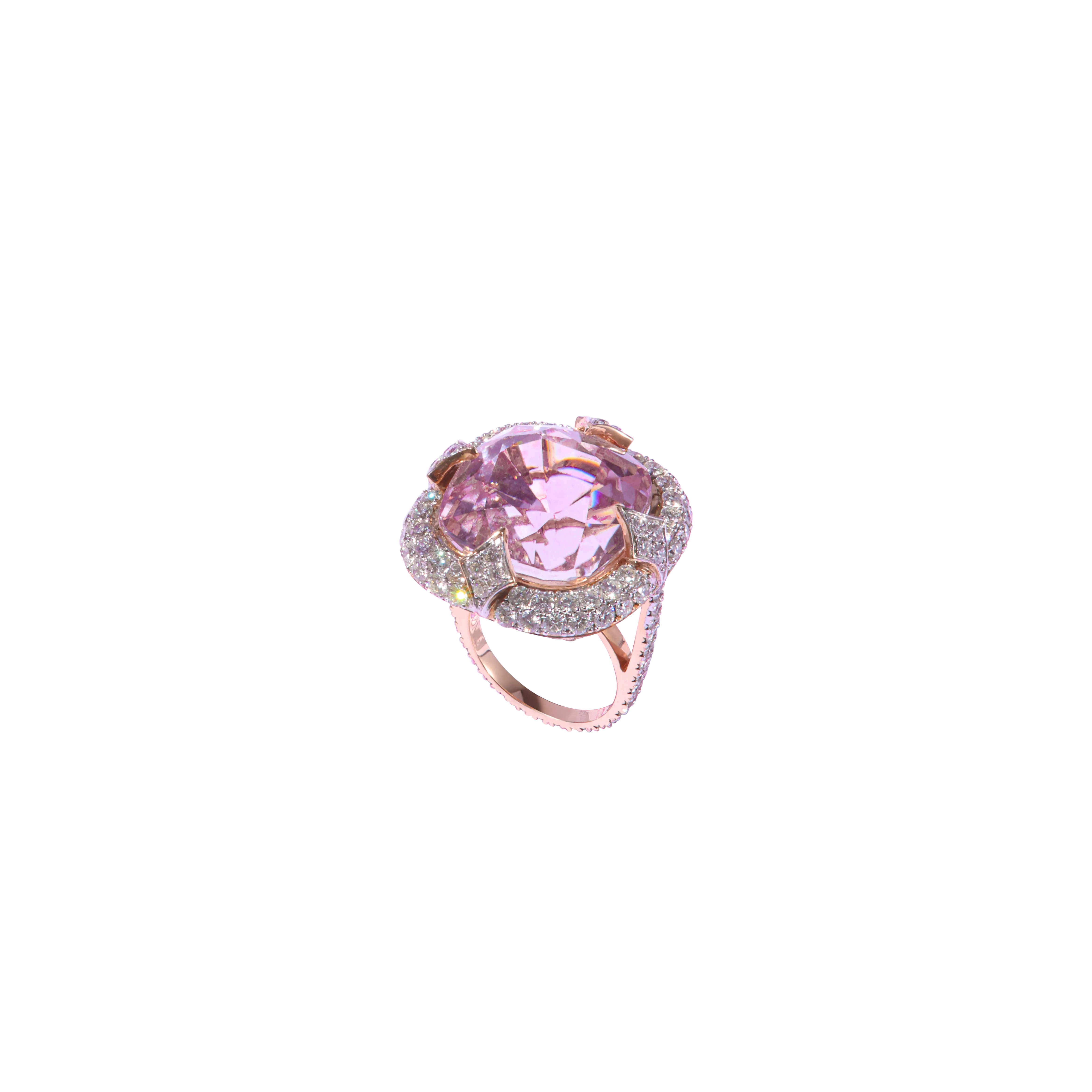 Zome Jewellery Astria ring from the Axia collection with a 43.72 carat pink kunzite and 3.63 carats of diamonds set in 18k rose gold 