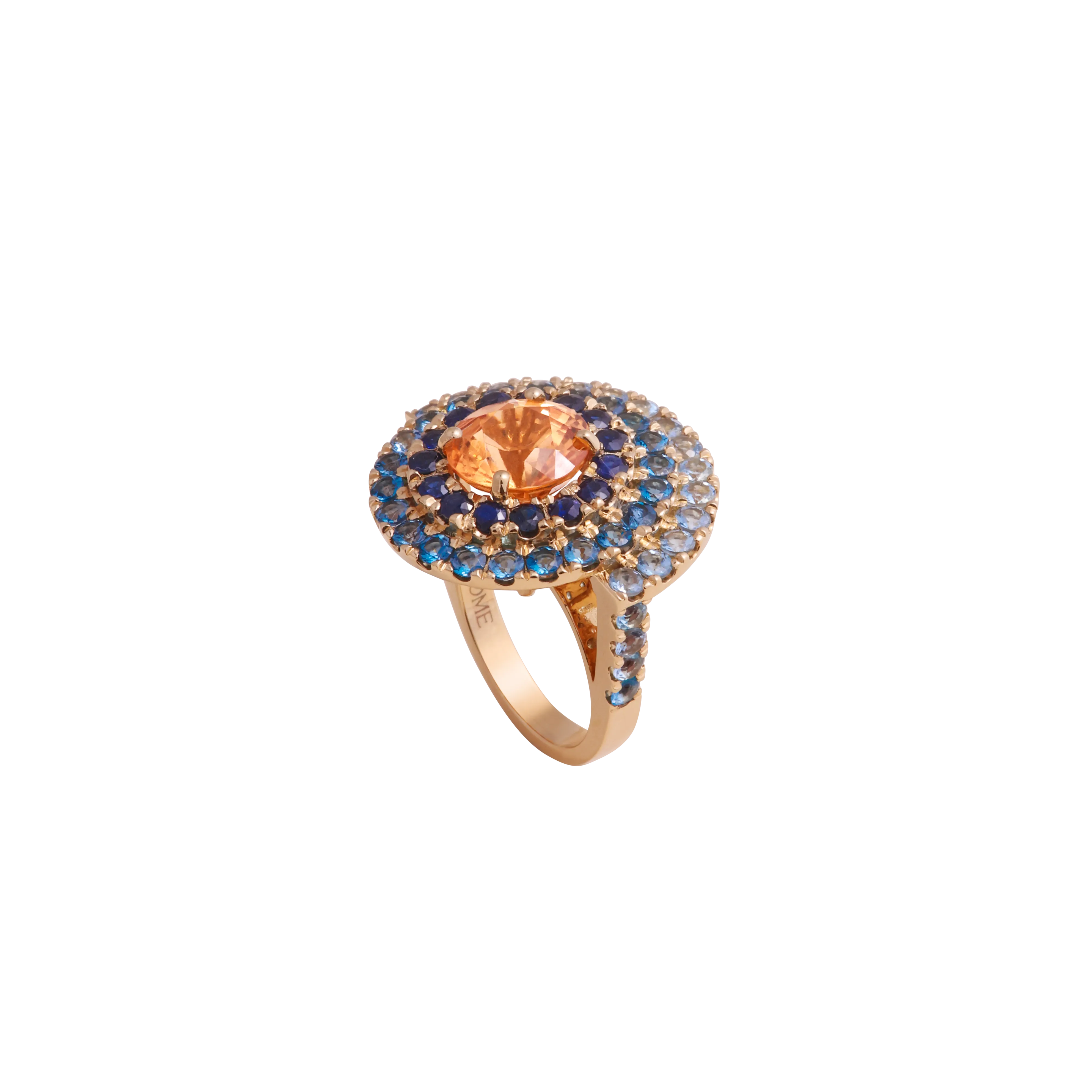 Zome Jewellery Solmar ring from the Celestia collection with a central grossular garnet, blue sapphires, blue topaz and aquamarines in 18k yellow gold 