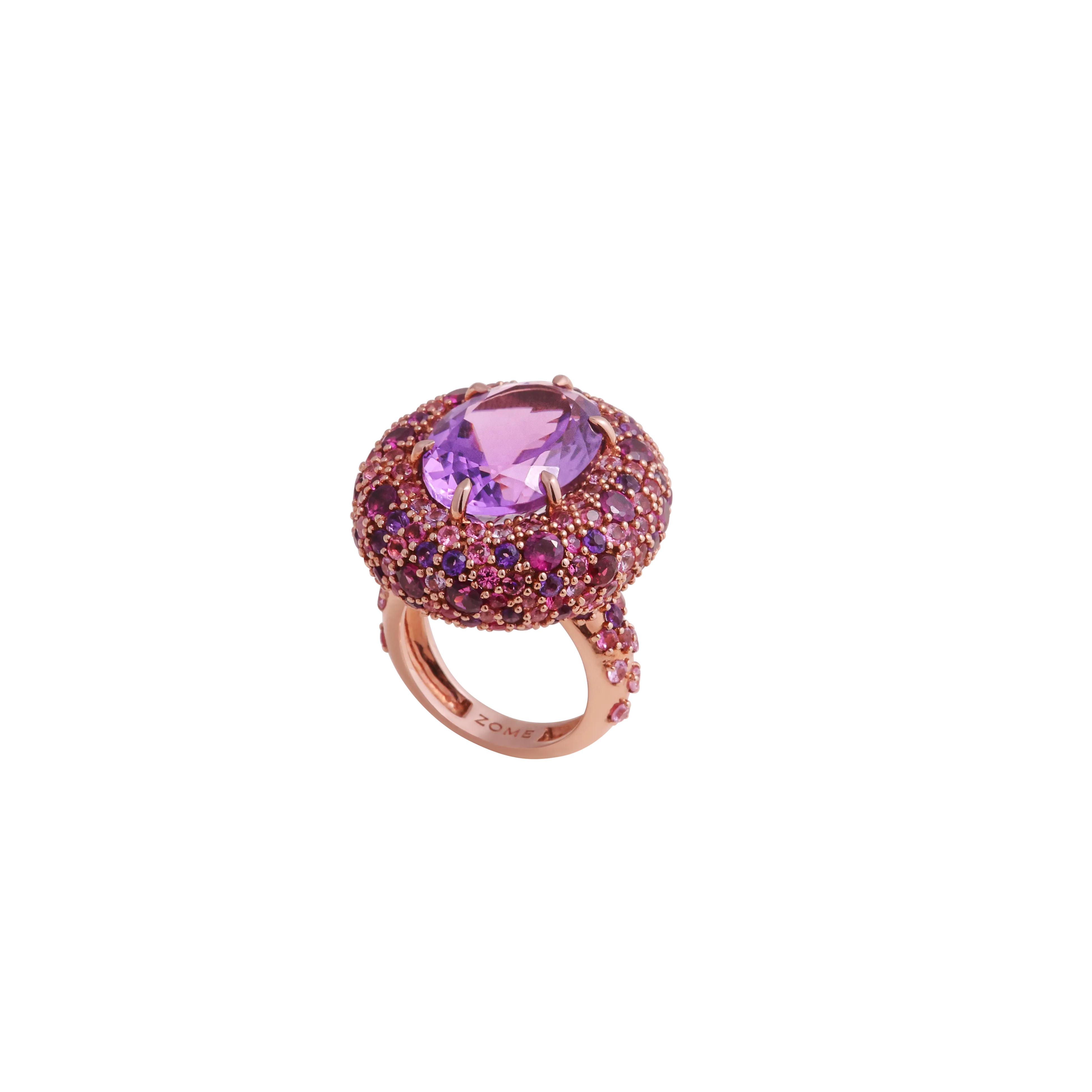 Zome Jewellery Nebulite ring from the Celestia collection with a large central amethyst, pink sapphires, and pink tourmalines set in 18k rose gold