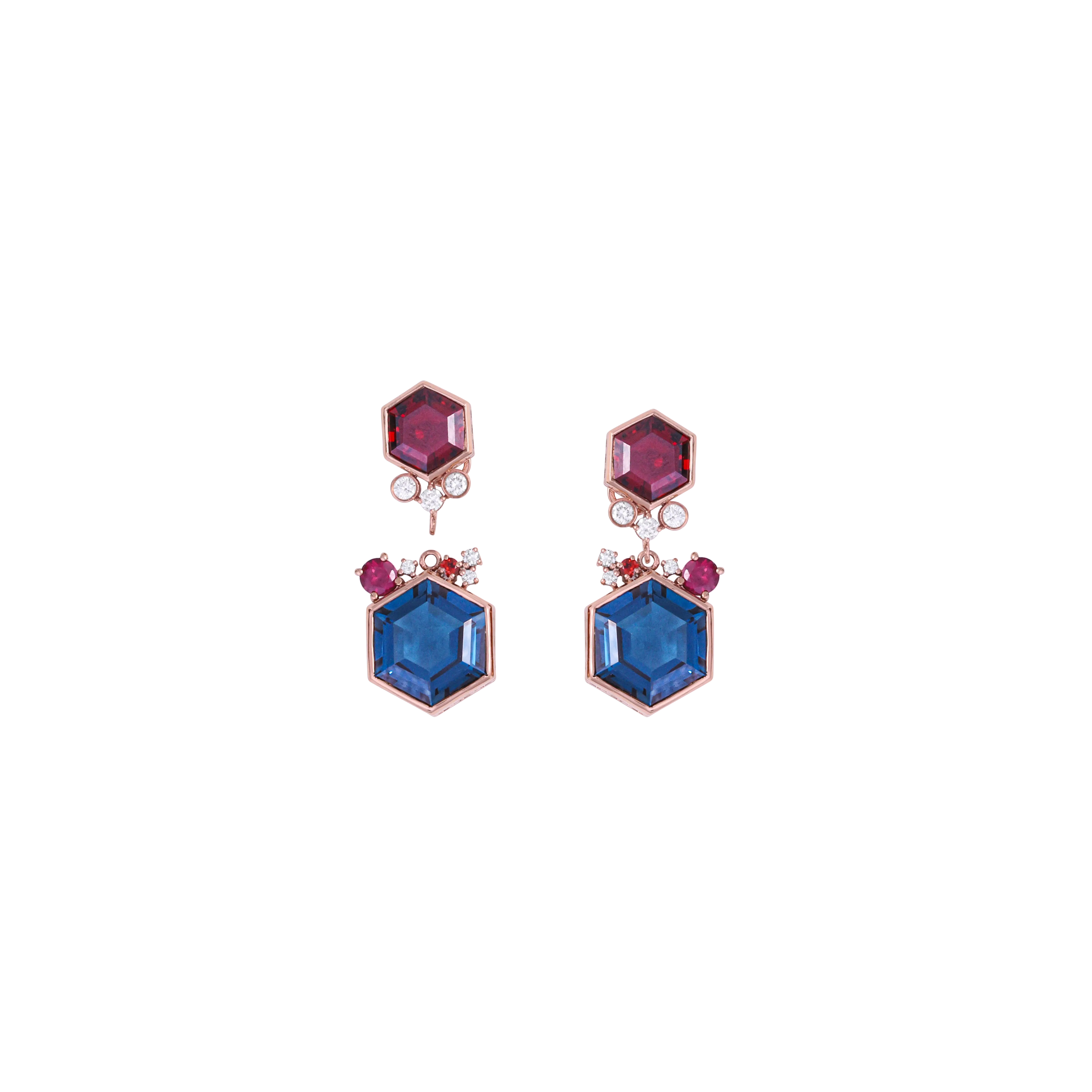 Zome Jewellery Marinae earrings from the Axia collection with 5.8 carats of red garnets, 17.4 carats of London blue topaz and diamonds set in 18k rose gold