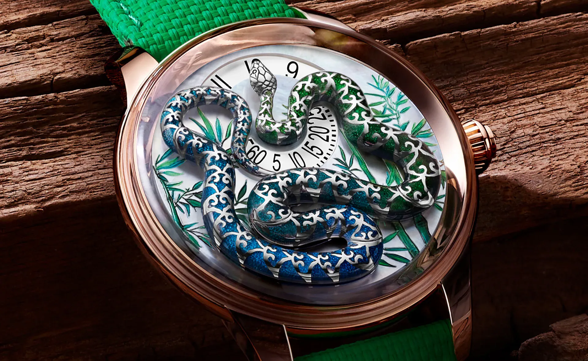 Jaquet Droz Ophidian Hour watch with a three-dimensional snake crafted from five blocks of solid white gold and decorated with enamel