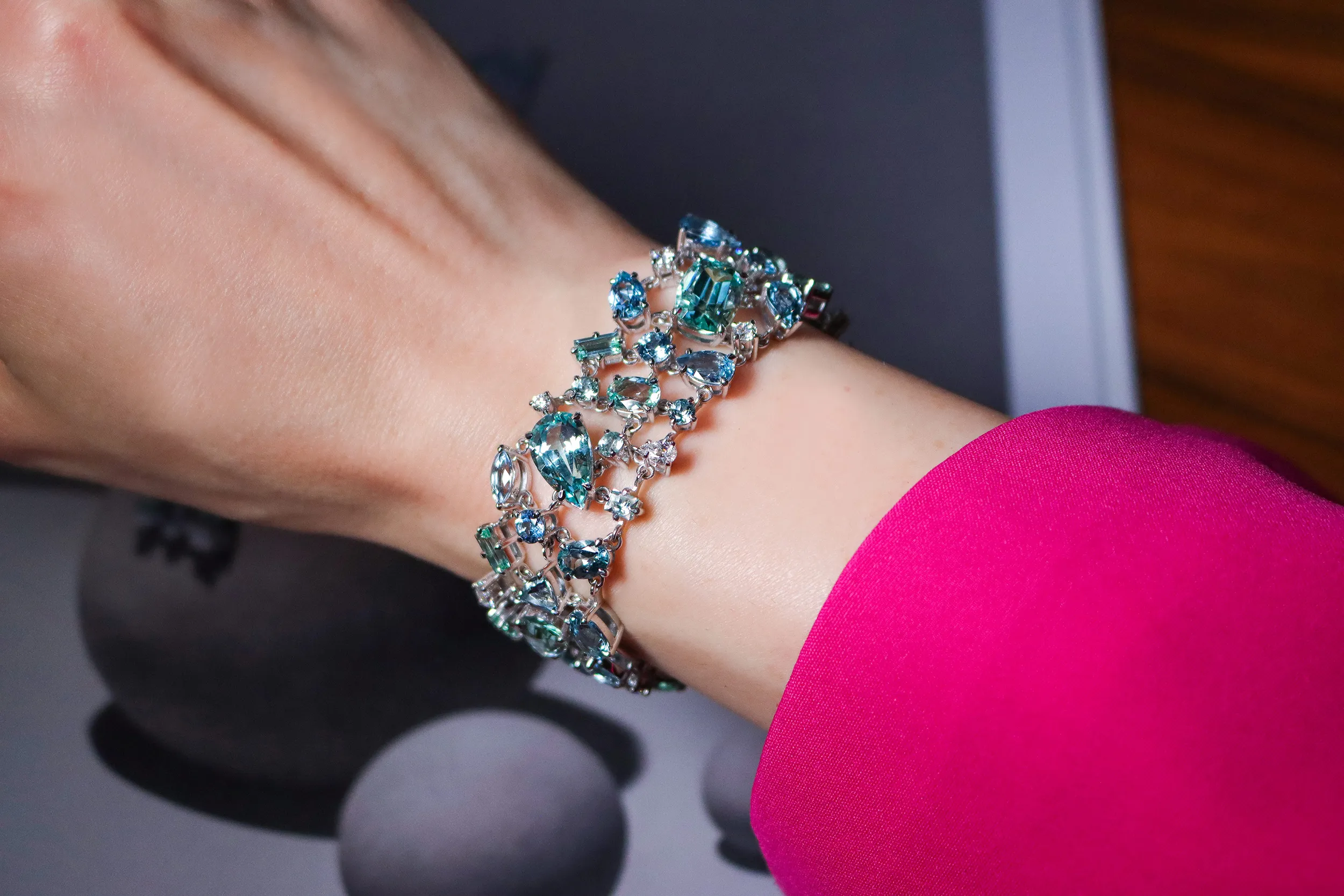 <p>The Blue Wave bracelet features 36.86ct of mixed-cut blue and green beryls and 1.89ct of natural diamonds</p>