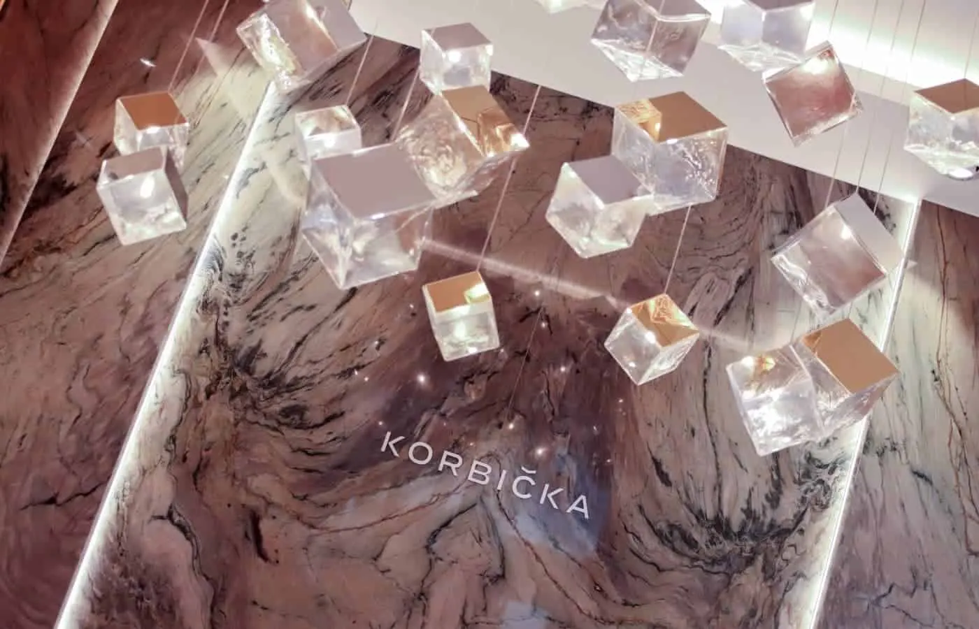 A striking light installation at the Korbička Šperky boutique in Brno, Czech Republic